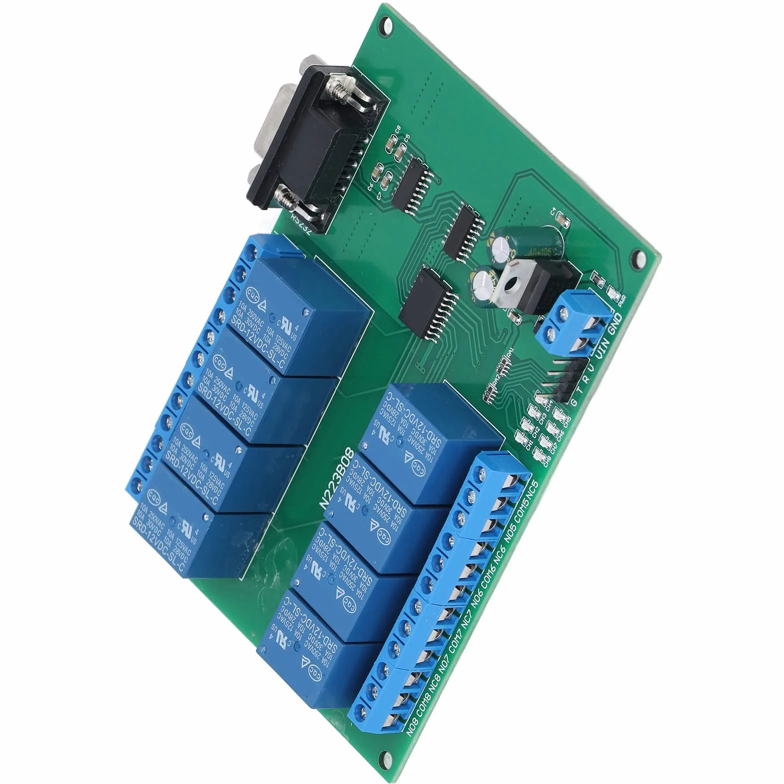 Moduł przekaźnikowy DC 12V 8-kanałowy PCB N223B08 z interfejsem szeregowym i LED do systemu zdalnego sterowania