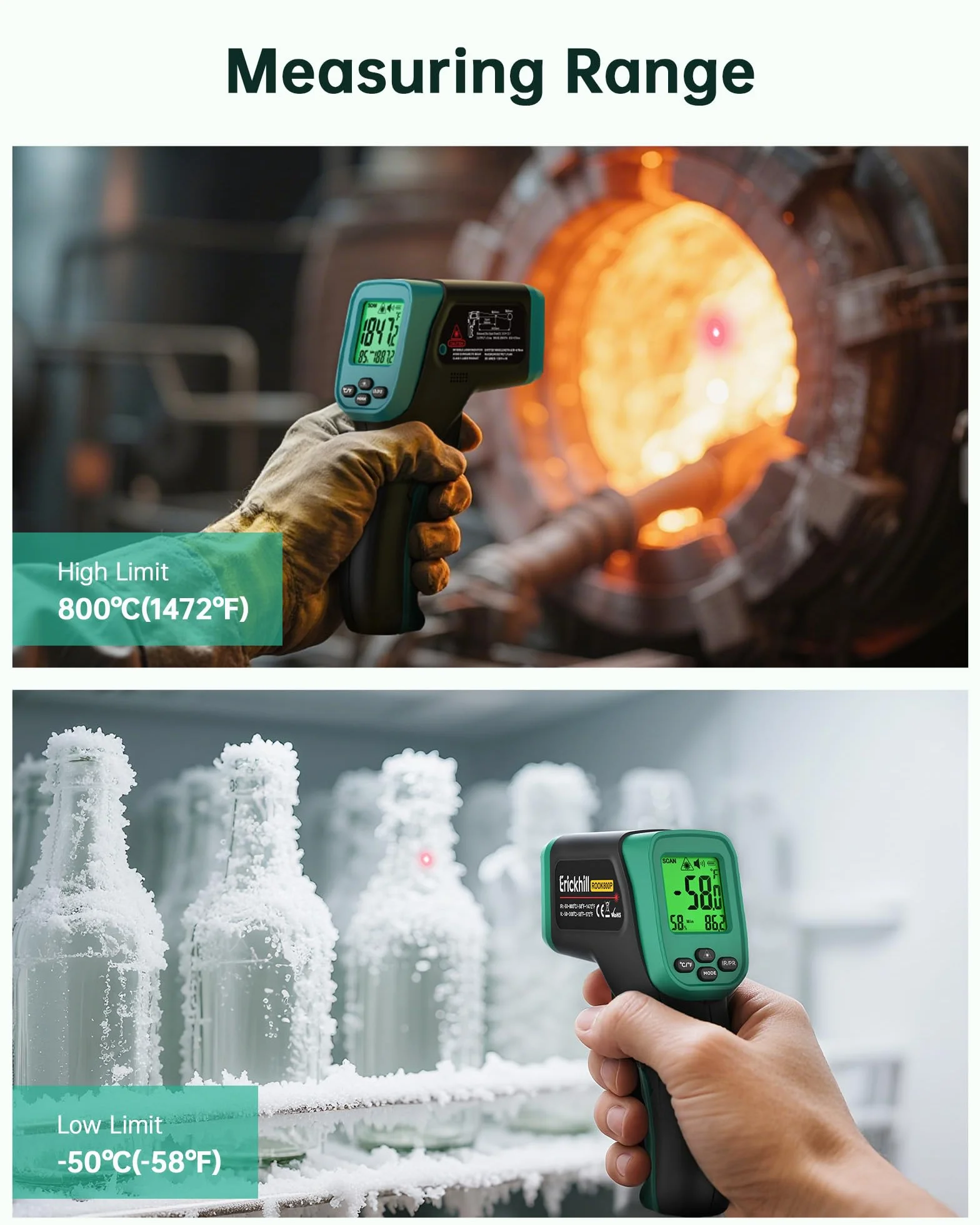 ERICKHILL Termometr na podczerwień od -50°C do 800°C, bezdotykowy cyfrowy termometr laserowy z sondą do mięsa od -50°C do 300°C, regulowana emisyjność, nadaje się do gotowania, grillowania, zamrażania