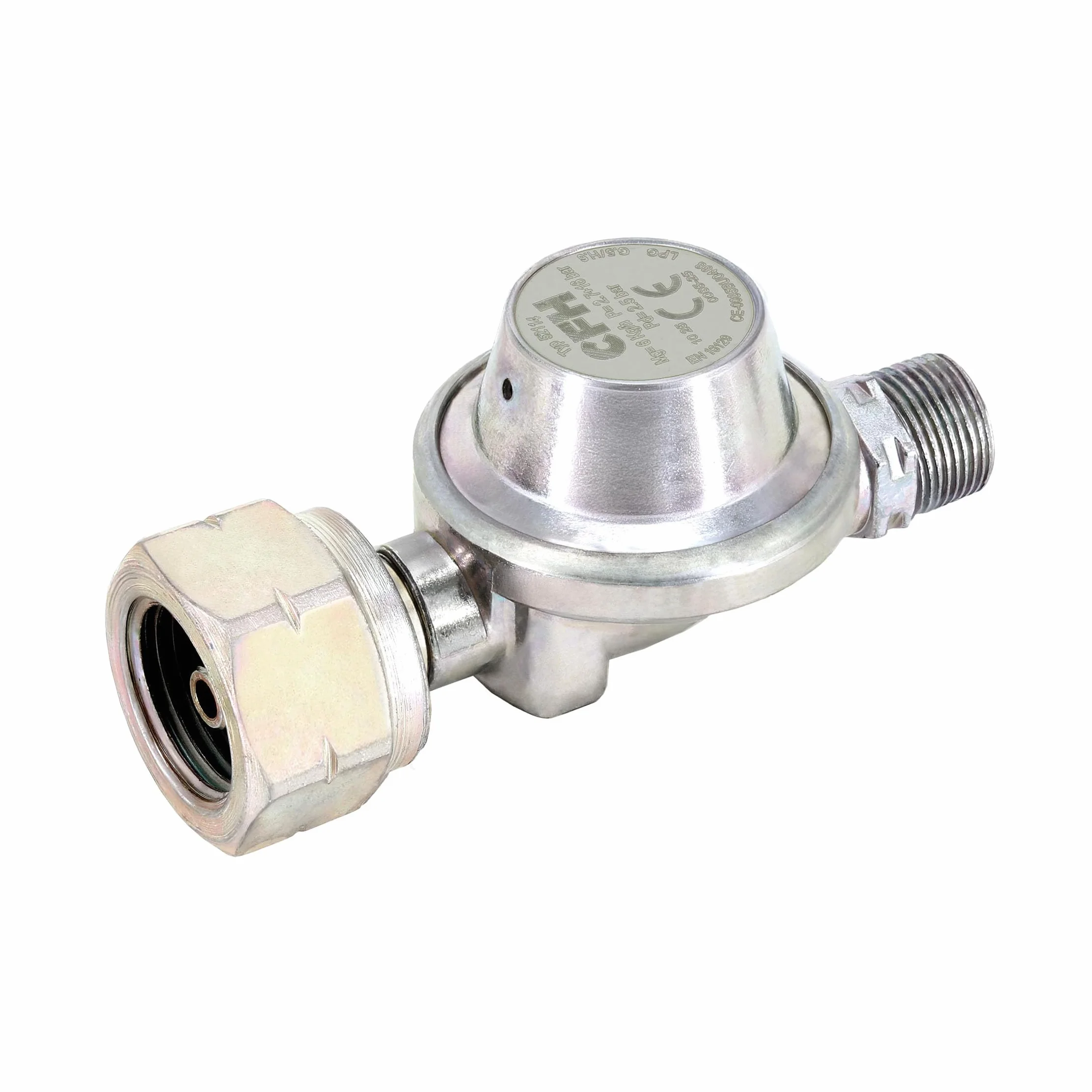 CFH Propan regulator ciśnienia butli gazowej DR 114 2,5 bar – regulator ciśnienia gazu – wejście G.5 i wyjście H.6 3/8" zgodnie z normą EN 16129, przepływ 6 kg/h