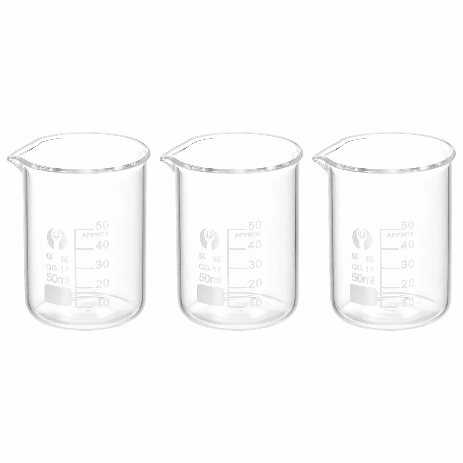 PATIKIL Szklana zlewka o niskiej formie, 50 ml, 3,3 ze szkła borokrzemowego, miarka z wylewką, do płynów laboratoryjnych, 3,3 szt