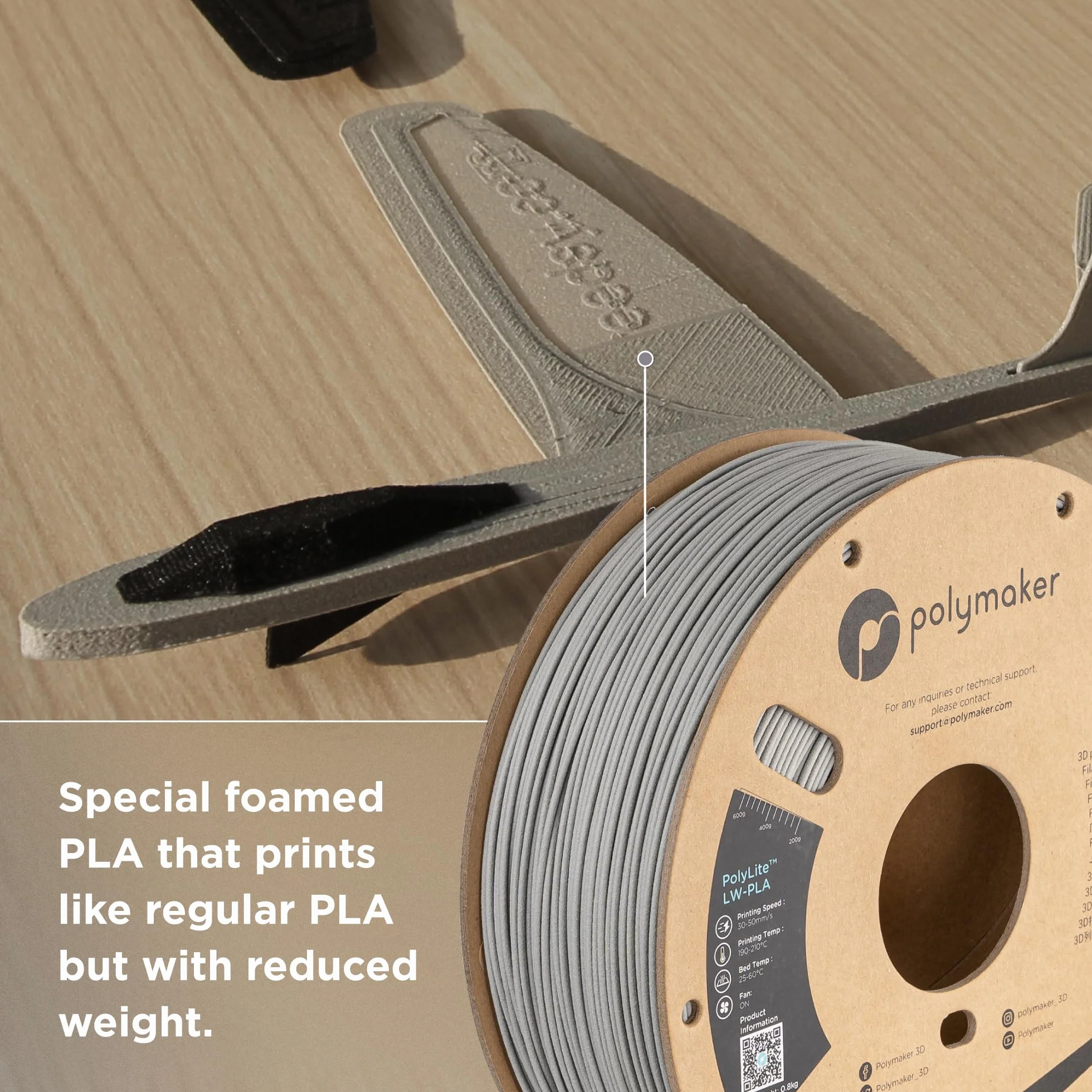 Polymaker PolyLite LW-PLA - 1,75mm - 800g - Szary