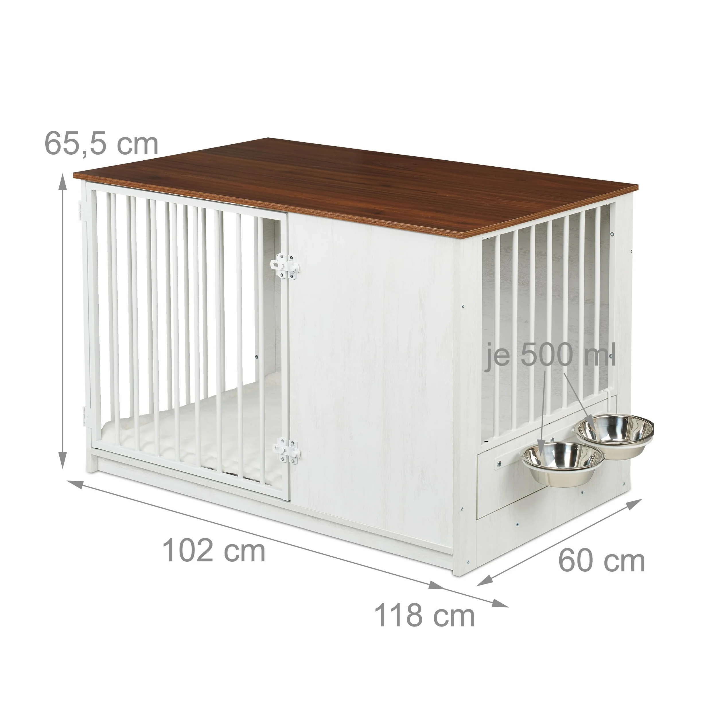 Relaxdays Klatka dla psa, do domu, (wys. x szer. x gł.): 65,5 x 102 x 60 cm, meble dla psa, 2 obrotowe miski, pudełko dla psa, MDF i stal, biały/brązowy