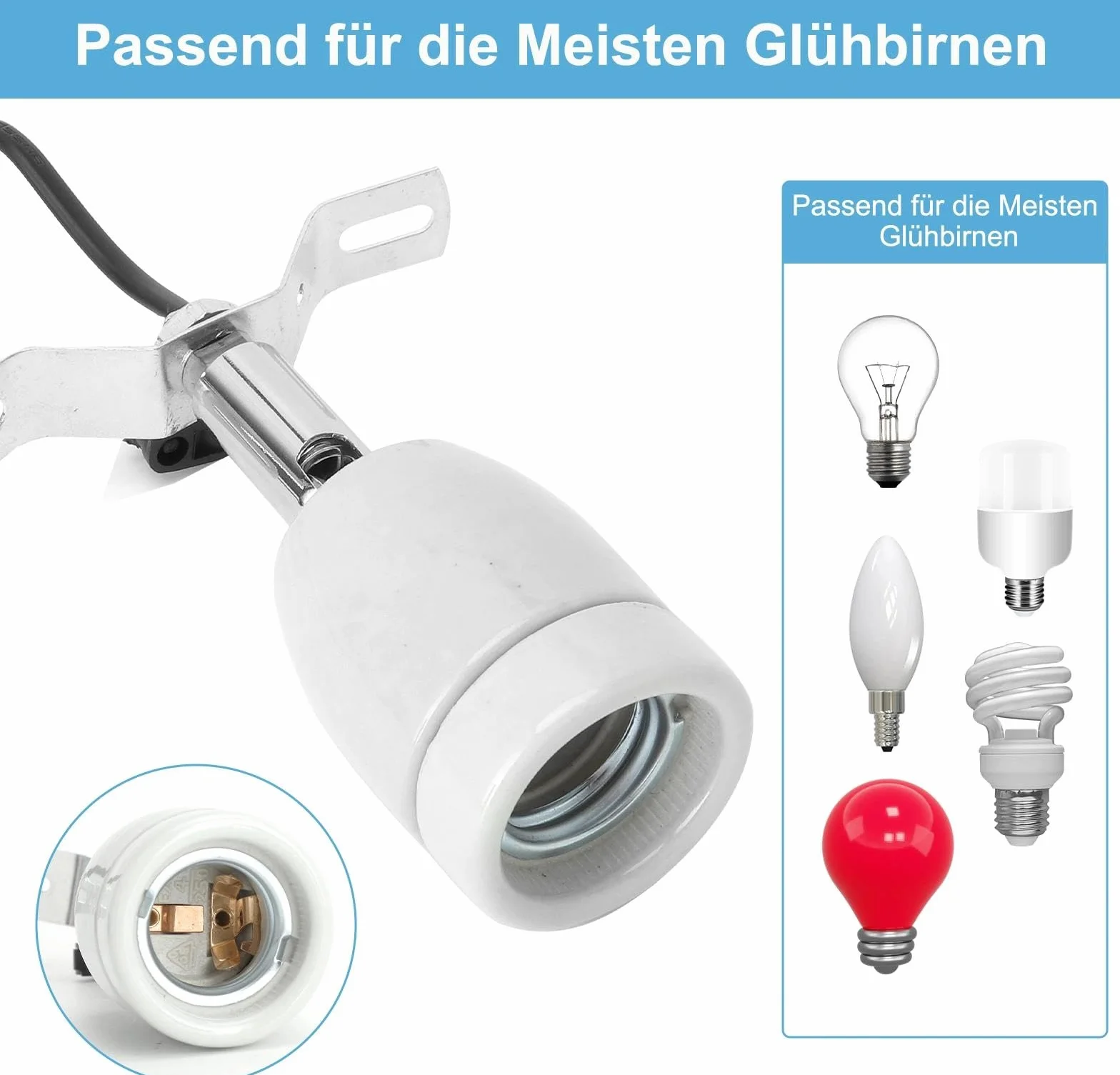 TNSLAND Oprawa lampy grzewczej E27, dla gadów, terrarium, ceramiczna, z przełącznikiem, kablem, obracana o 360°, do akwarium, dla gadów, jaszczurek, światła dziennego, biała