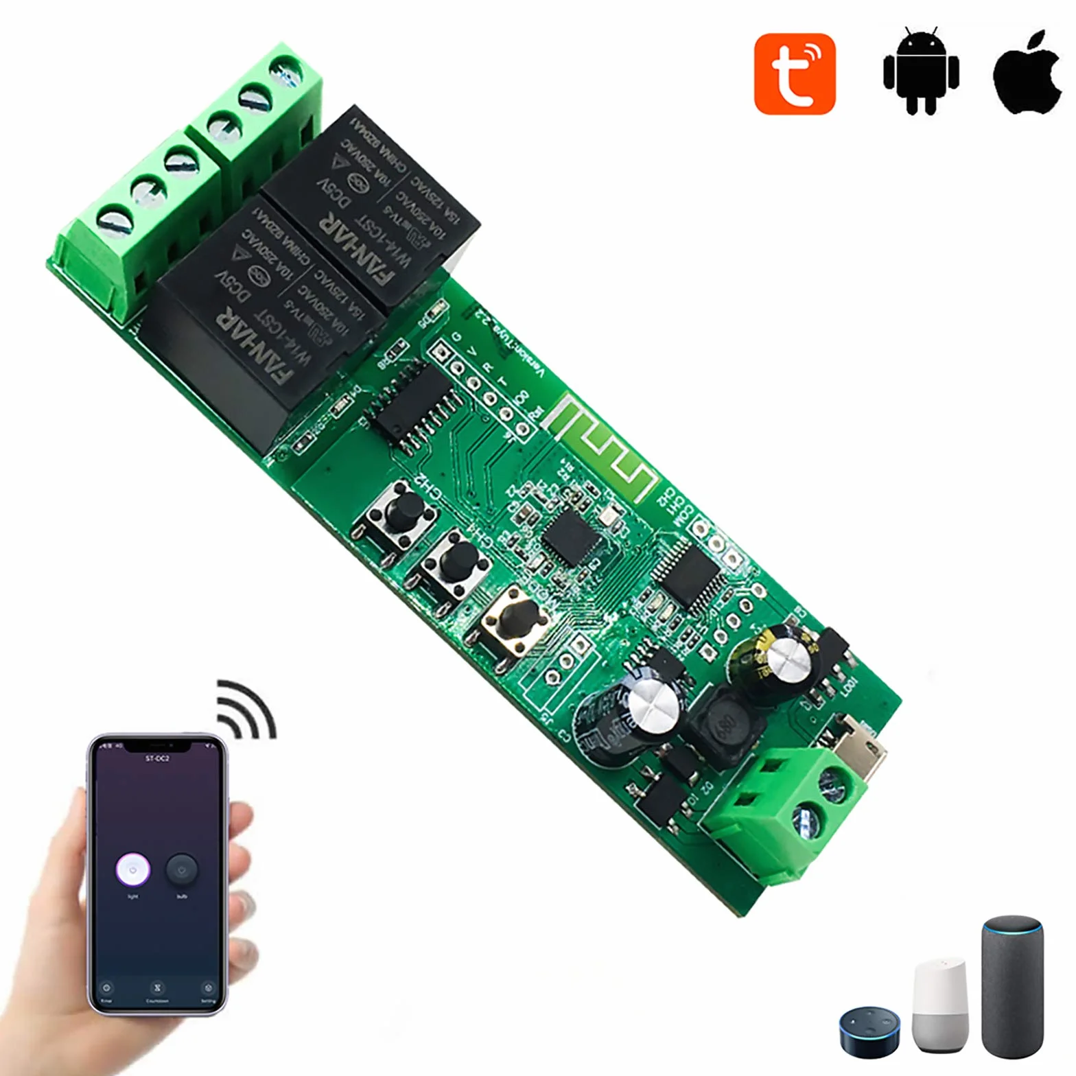 2-kanałowy moduł przekaźnikowy WiFi, TUYA/Smart Life aplikacja do inteligentnego zdalnego sterowania domu, regulacja czasu chwilowego, kompatybilna z Alexa/Google Assistant