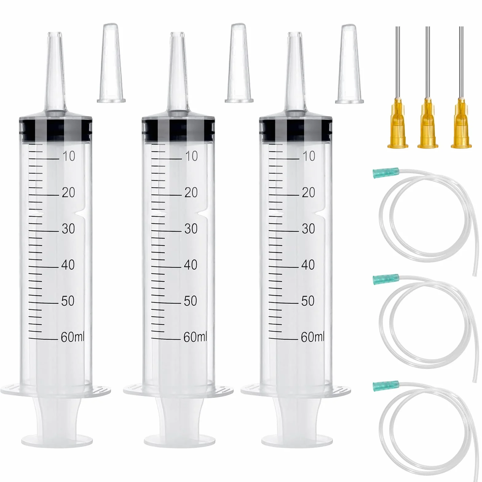3-pak strzykawek 50 ml (60 ml) z tubką – plastikowe strzykawki dozujące wielokrotnego użytku z adapterami i dyszami do napełniania płynami, podlewania roślin, karmienia zwierząt domowych