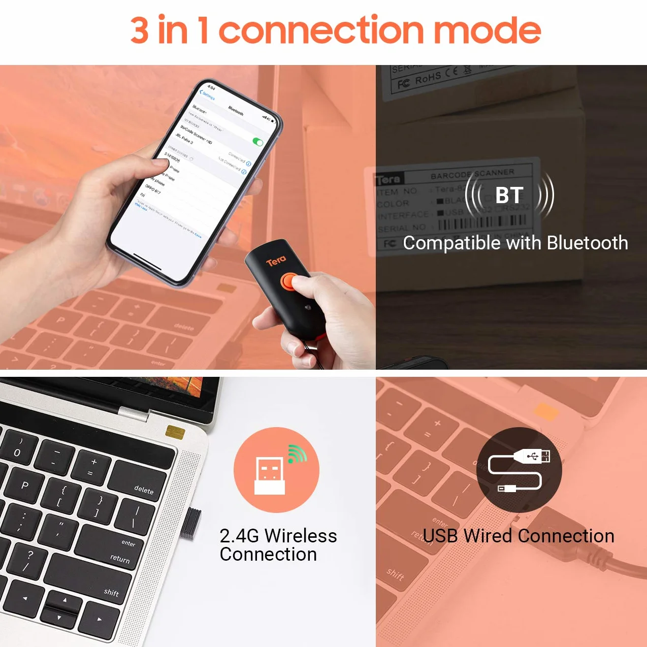 Tera Mini przenośny skaner kodów kreskowych CMOS skaner kodów kreskowych 3 w 1, Bluetooth, kabel USB, bezprzewodowy 2,4 G, do kodów kreskowych 1D 2D QR na papierze i wyświetlaczu, 1100D
