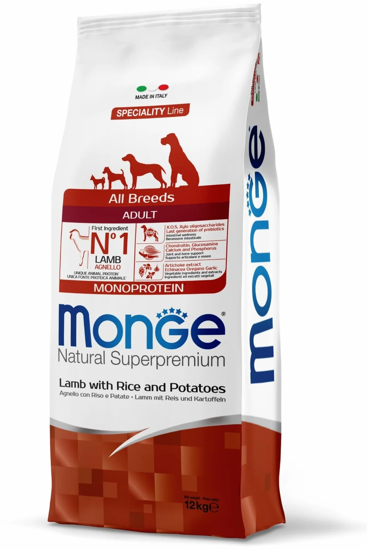 Monge Natural Superpremium Adult dla psów dla wszystkich ras (Suche jedzenie z jagnięciną, ryżem i ziemniakami, bardzo bogate w błonnik i witaminy, 12 kg)