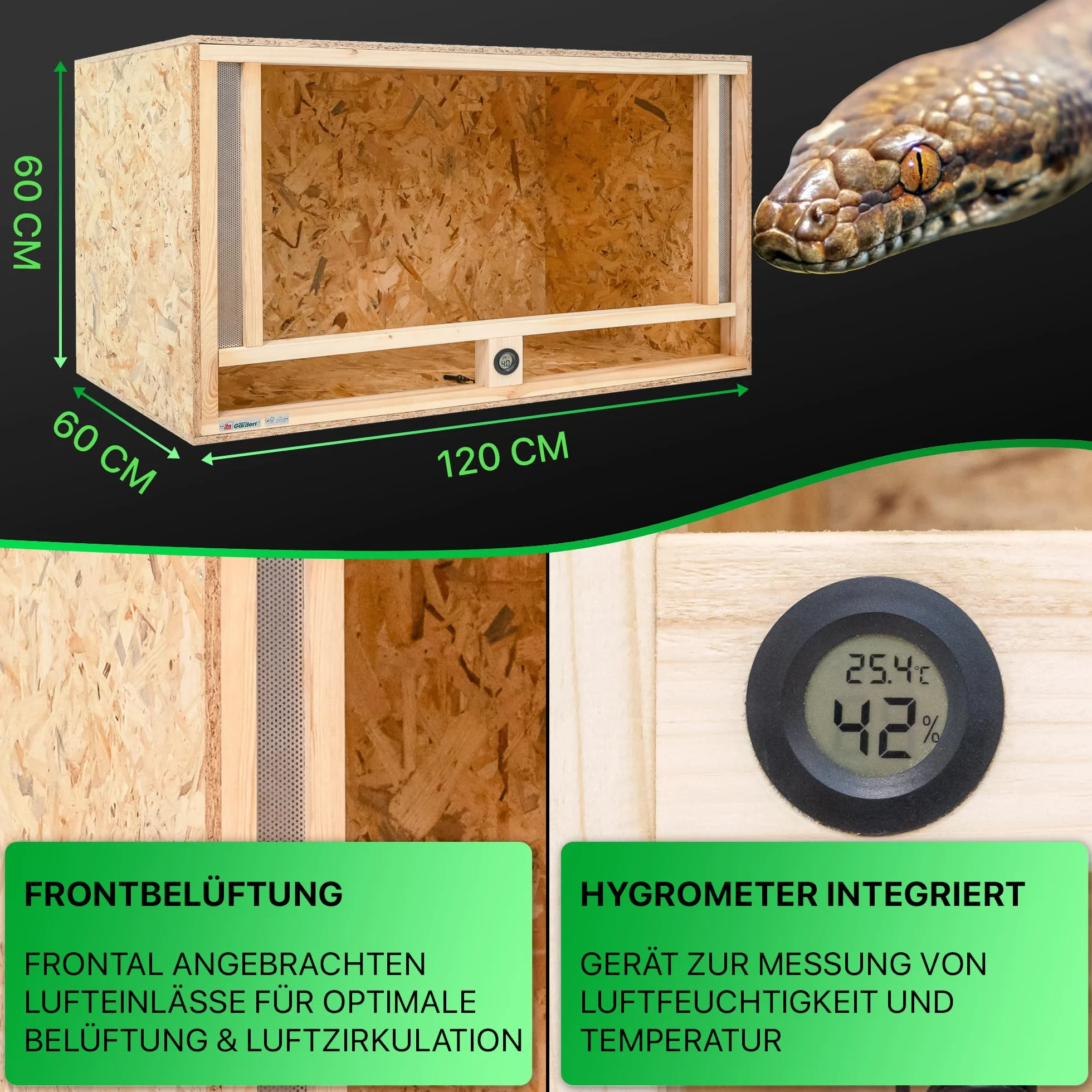 ITA Drewniane terrarium 120 x 60 x 60 cm ze zintegrowaną wentylacją i higrometrem, drewniane terrarium OSB-3, dla gadów, węży, płazów - produkt UE, certyfikat FSC