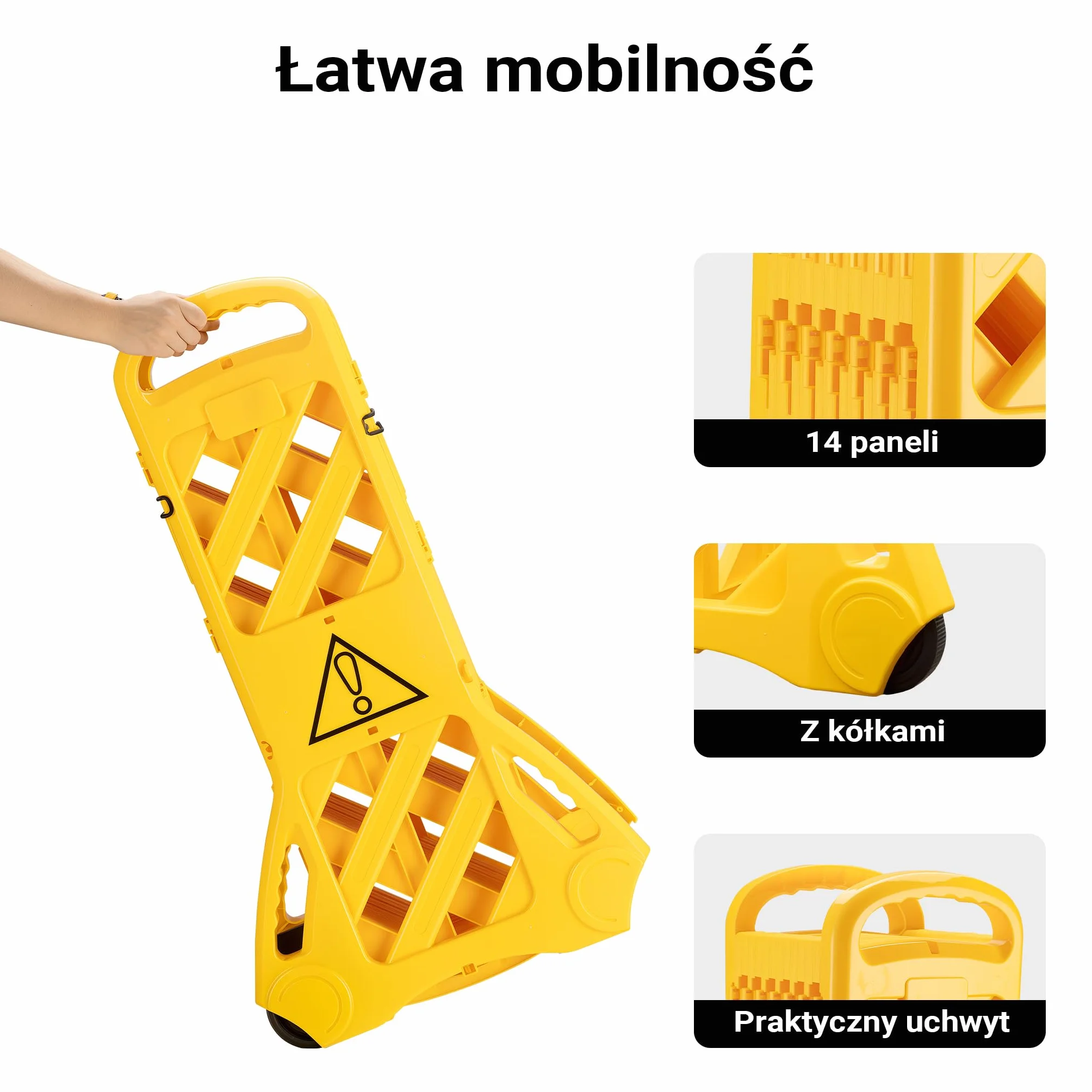 Wiltec Mobilna bariera ostrzegawcza 60x32x101 cm żółta panelowa na kółkach