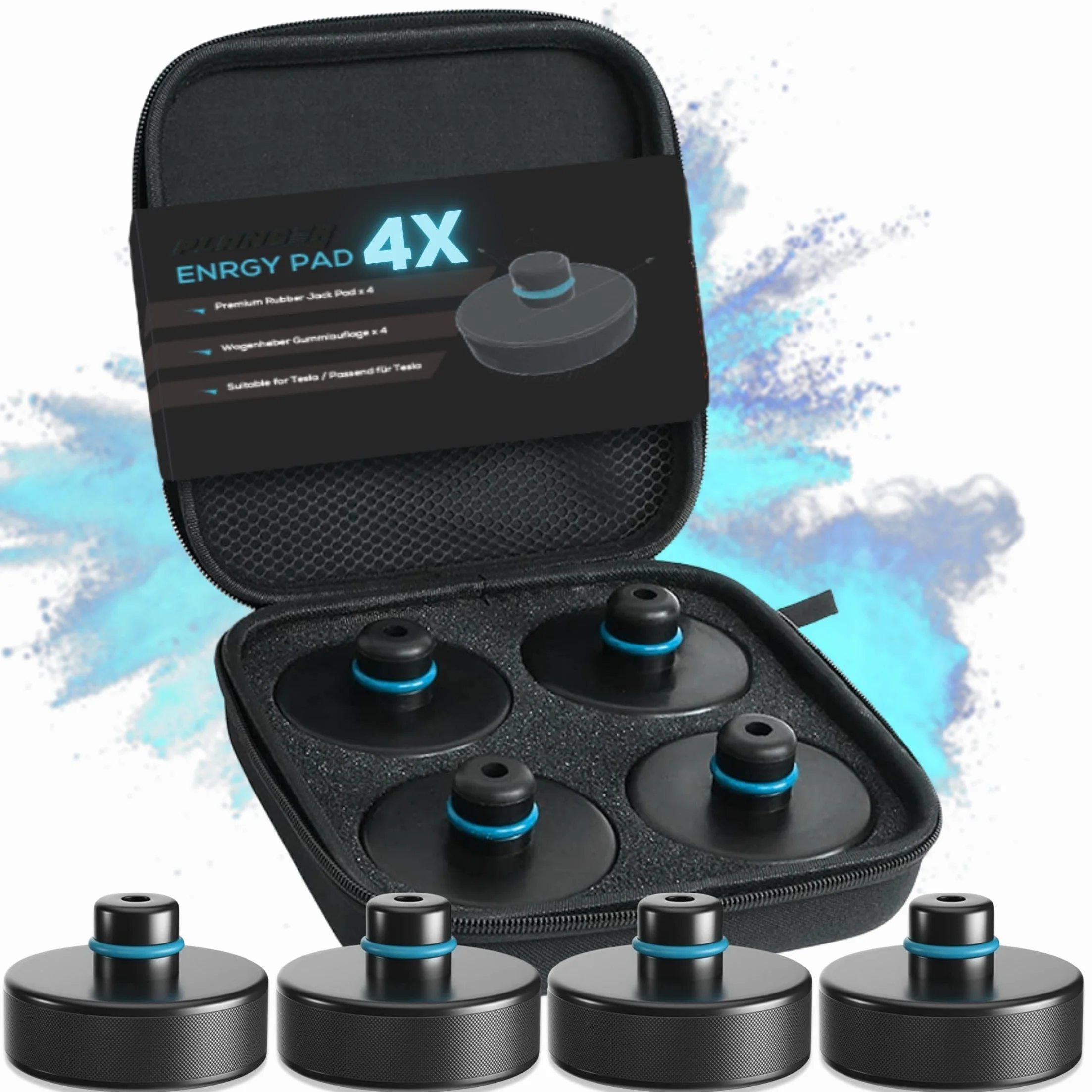 PLANGER® Tesla klocki do podnośnika płaskiego, 4 x ENRGY PAD (model 3, model S, model Y, model X), 10 lat , nietłukące 3T