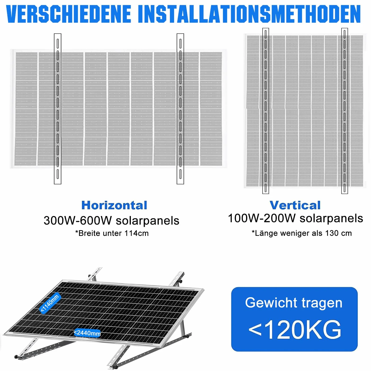 Uchwyt do paneli fotowoltaicznych 114 cm 2 pary kąt regulowany 0-90° 100W-500W
