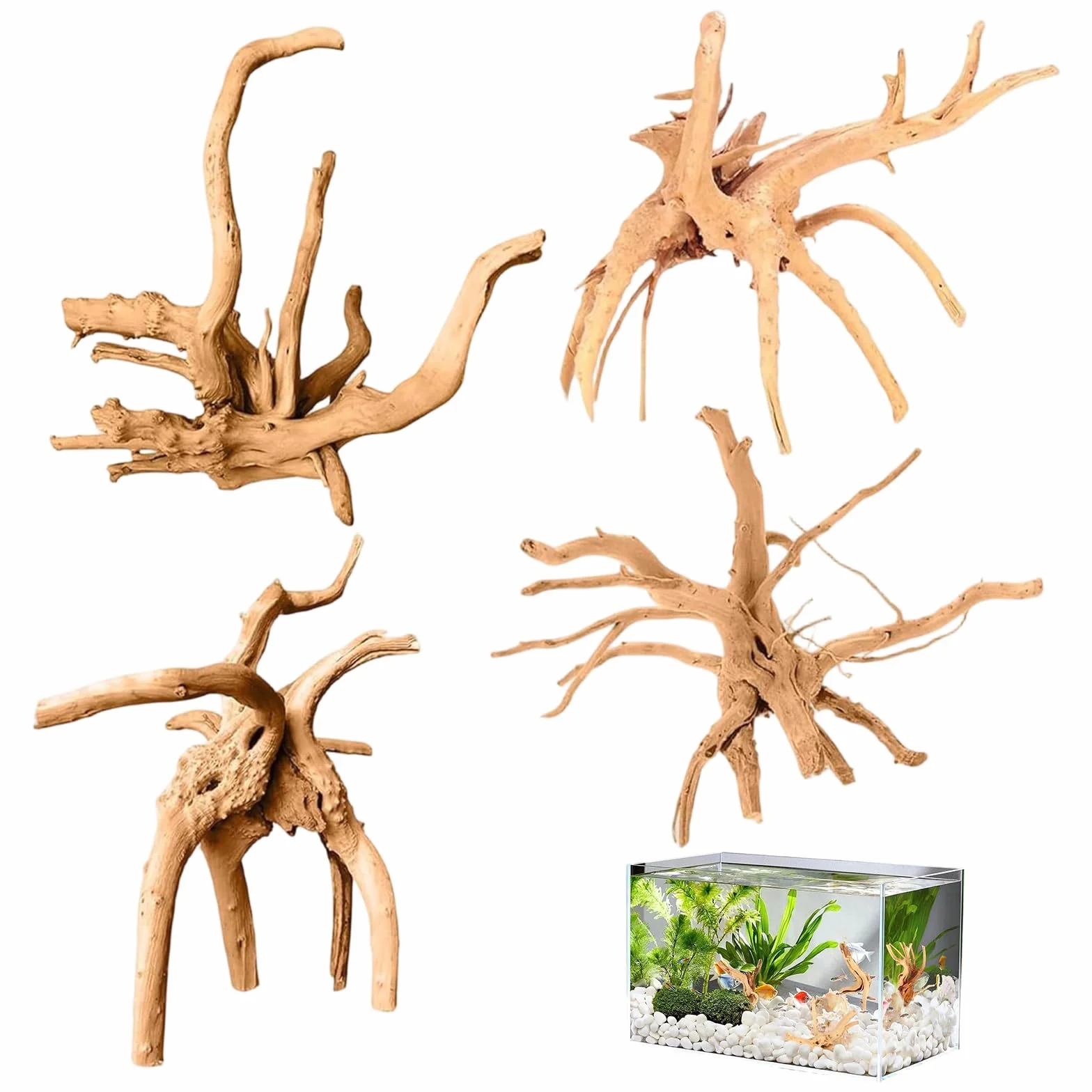 4 sztuki korzeni do akwarium, drewno dryfujące, dekoracja 12-20 cm, drewno korzeniowe, losowy kształt, drewniany pień dekoracyjny do akwariów i terrarium, dekoracja drewniana