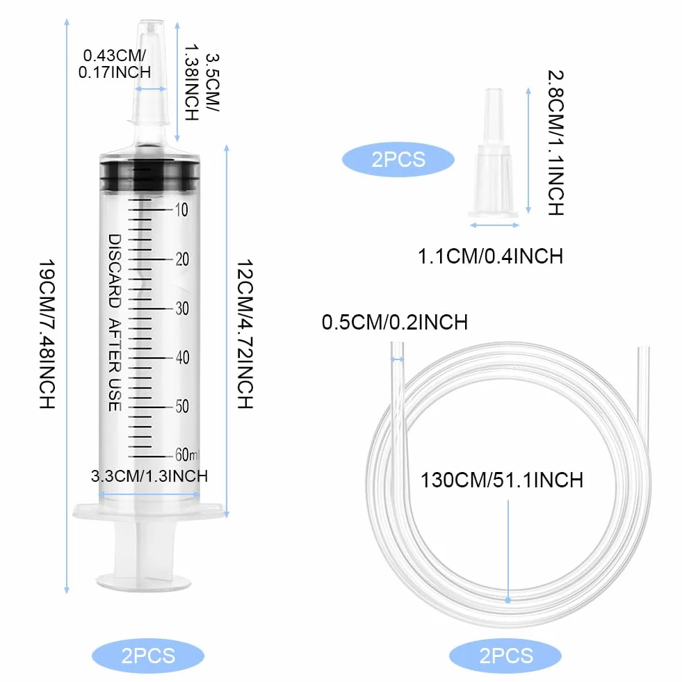 OFFCUP Steryczna strzykawka z tworzywa sztucznego, 2 sztuki jednorazowych strzykawek 60ml z cewnikiem, wielokrotnego użytku duża strzykawka do transferu płynów, strzykawki do karmienia zwierząt