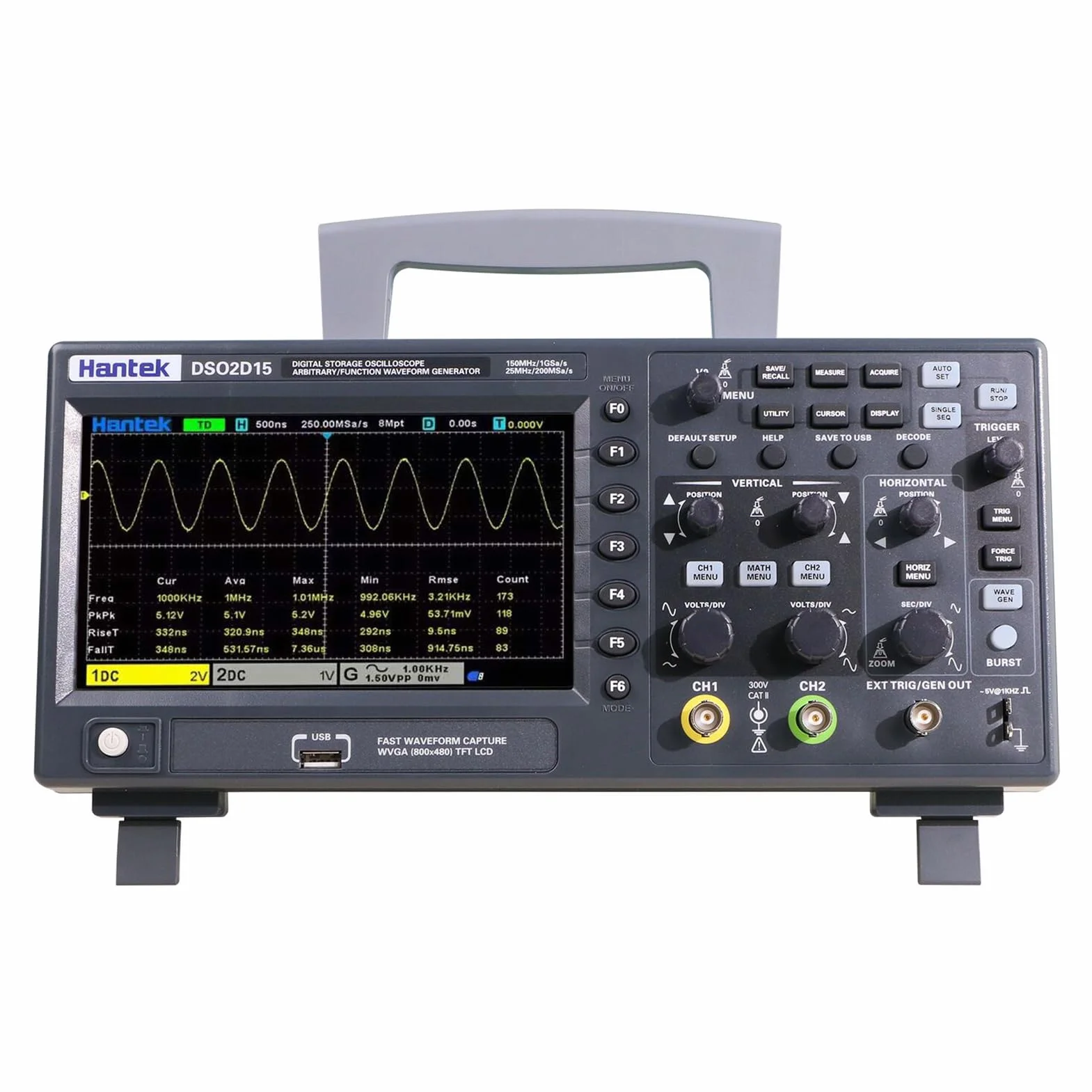 Irfora Cyfrowy licznik oscyloskopu DSO2D15 Oscylometr na pulpicie 800 * 480 pikseli 7-calowy ekran TFT LCD 2CH + 1CH Szerokość pasma 150 1GSa / s Częstotliwość