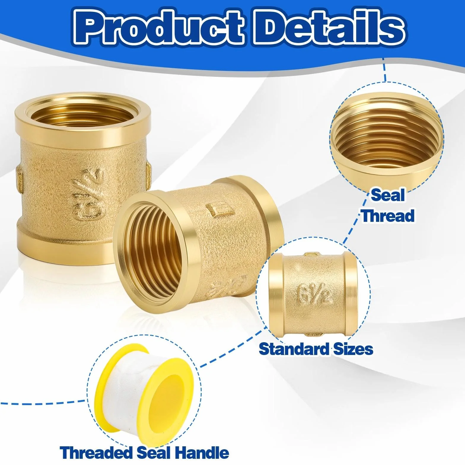 Mosiężny adapter mufy 1/2 cala G1/2" (20 mm) podwójna mufa z taśmą uszczelniającą do rur wodnych