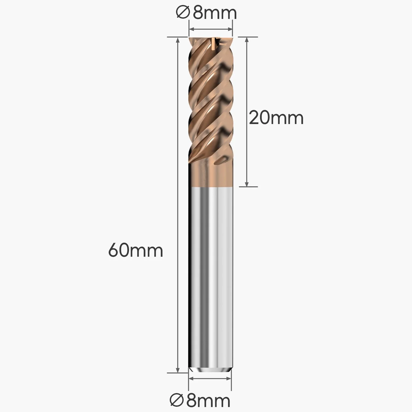Frez trzpieniowy z twardego metalu 8 mm czworokątny AlTiN 4 ostrza CNC długość ostrza 20 mm x 60 mm