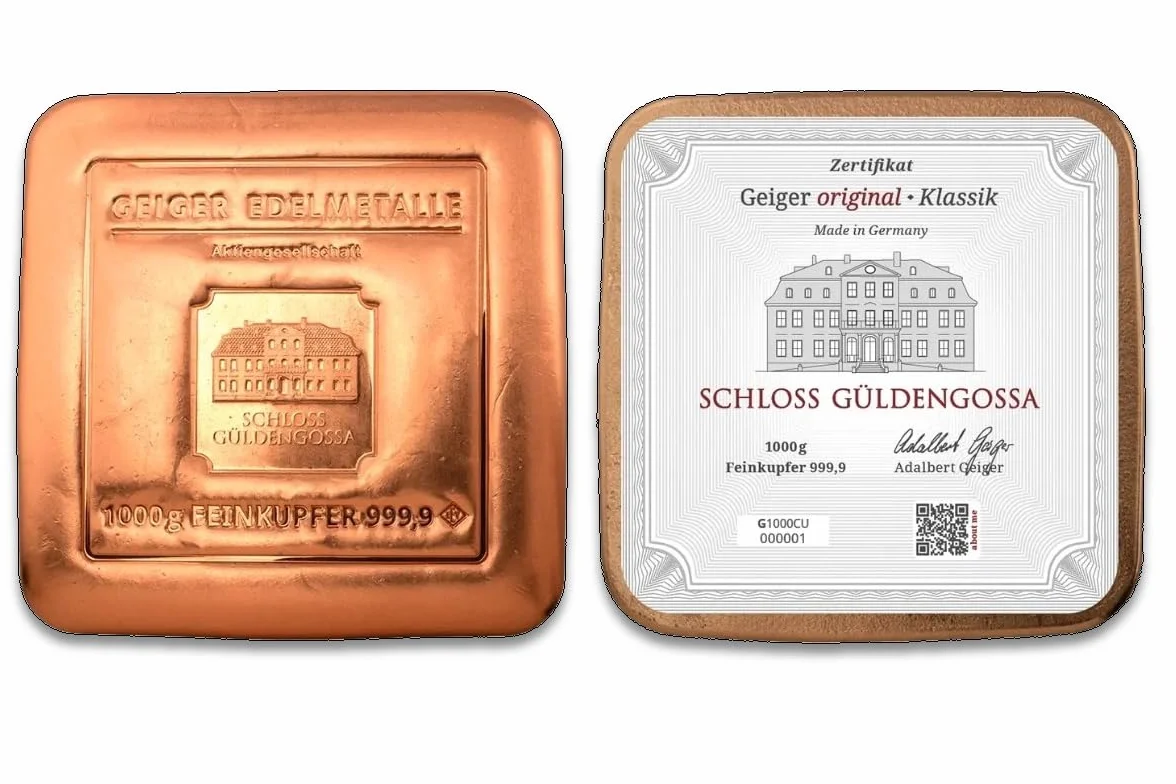 1 kg sztabka miedziana czystość 99,99%. Pięknie wytłoczona w rafinerii Geiger-metale szlachetne, Niemcy.