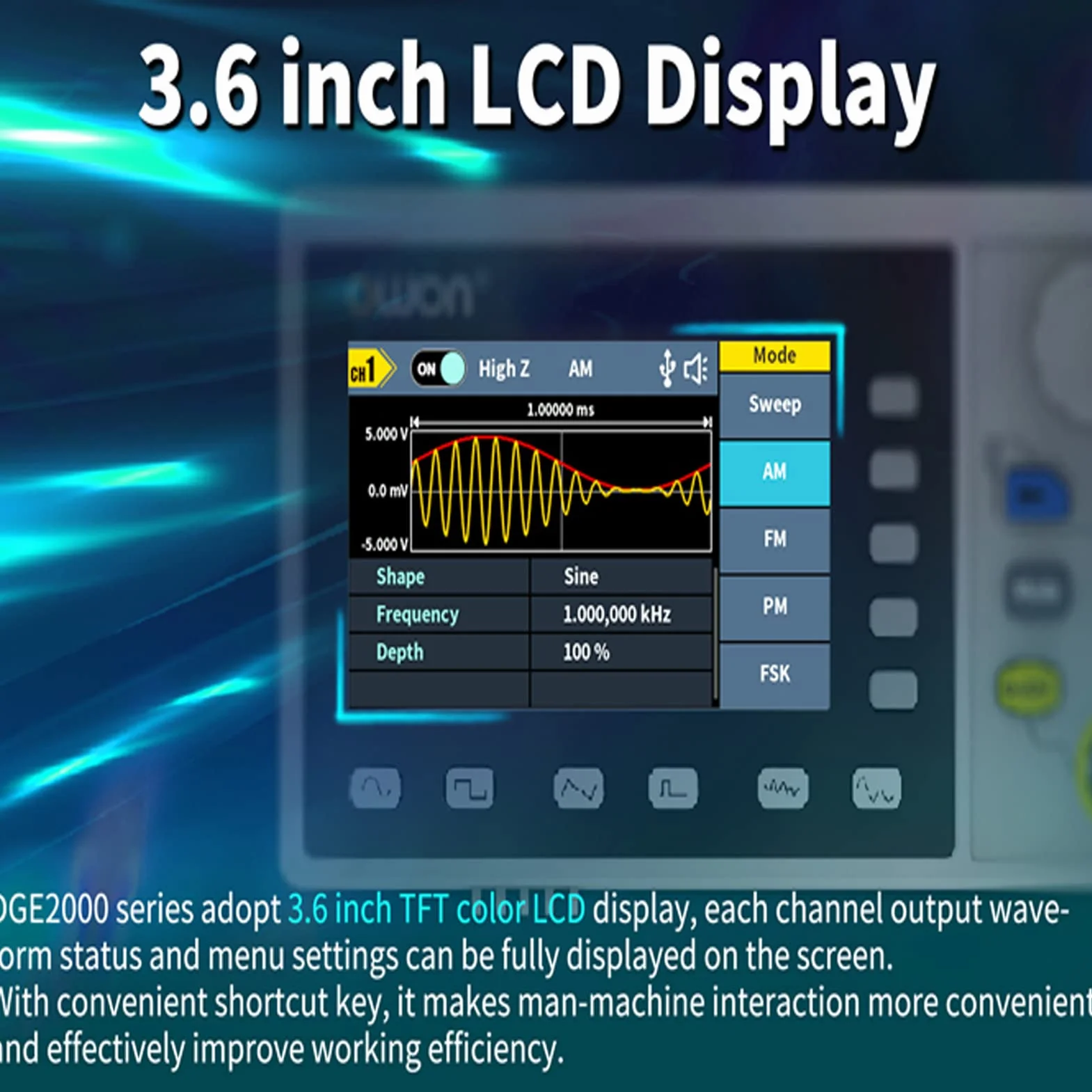 OWON DGE2070 Generator Fali Dowolnej AWG 14bit pionowa rozdzielczość 2CH 70MHz 300MSa/s 3,6-calowy LCD Generator Sygnału Cyfrowego