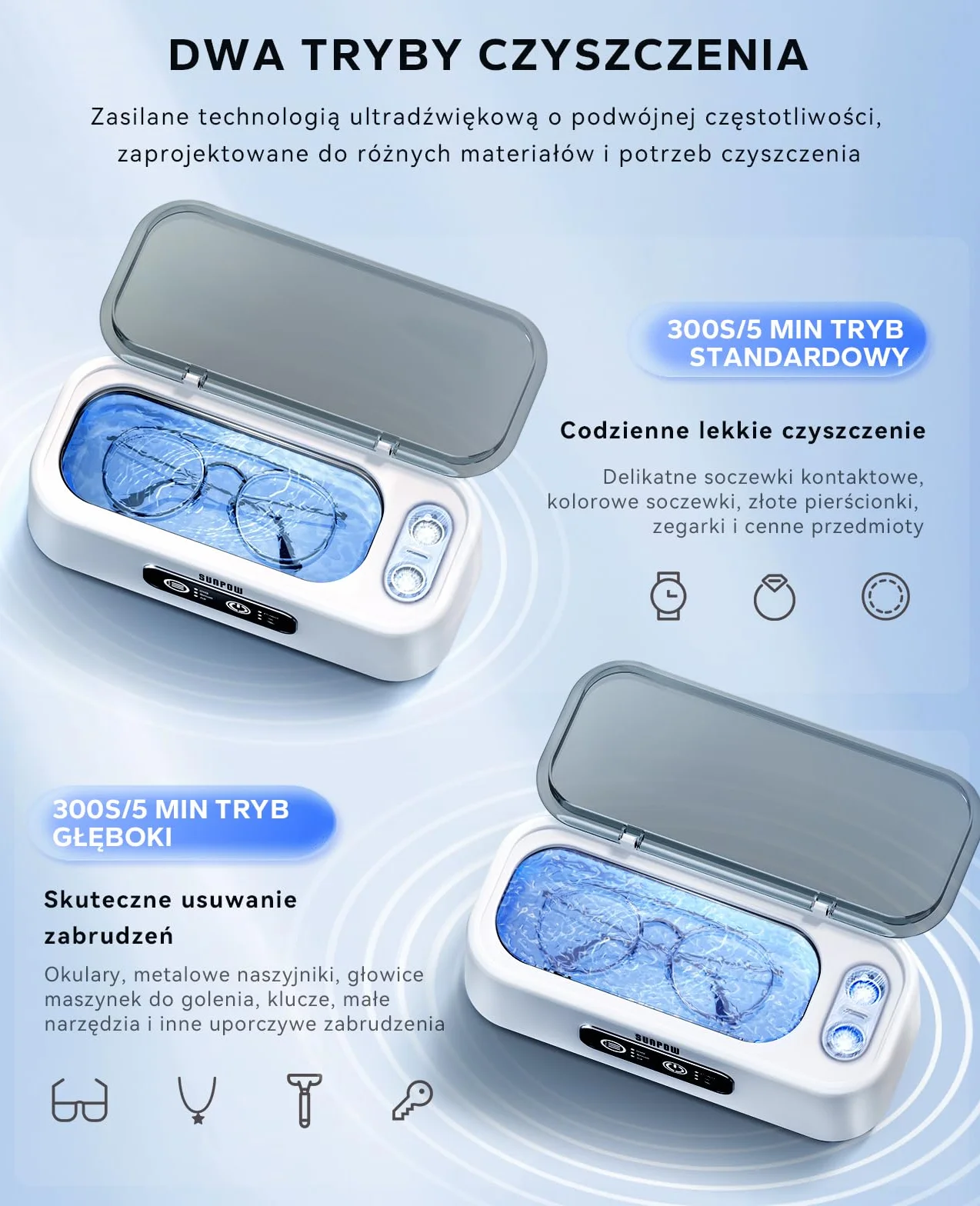 SUNPOW Ultradźwiękowy Czyścik 45kHz Podwójna Częstotliwość Podwójny Zbiornik do Biżuterii Zegarków Soczewek