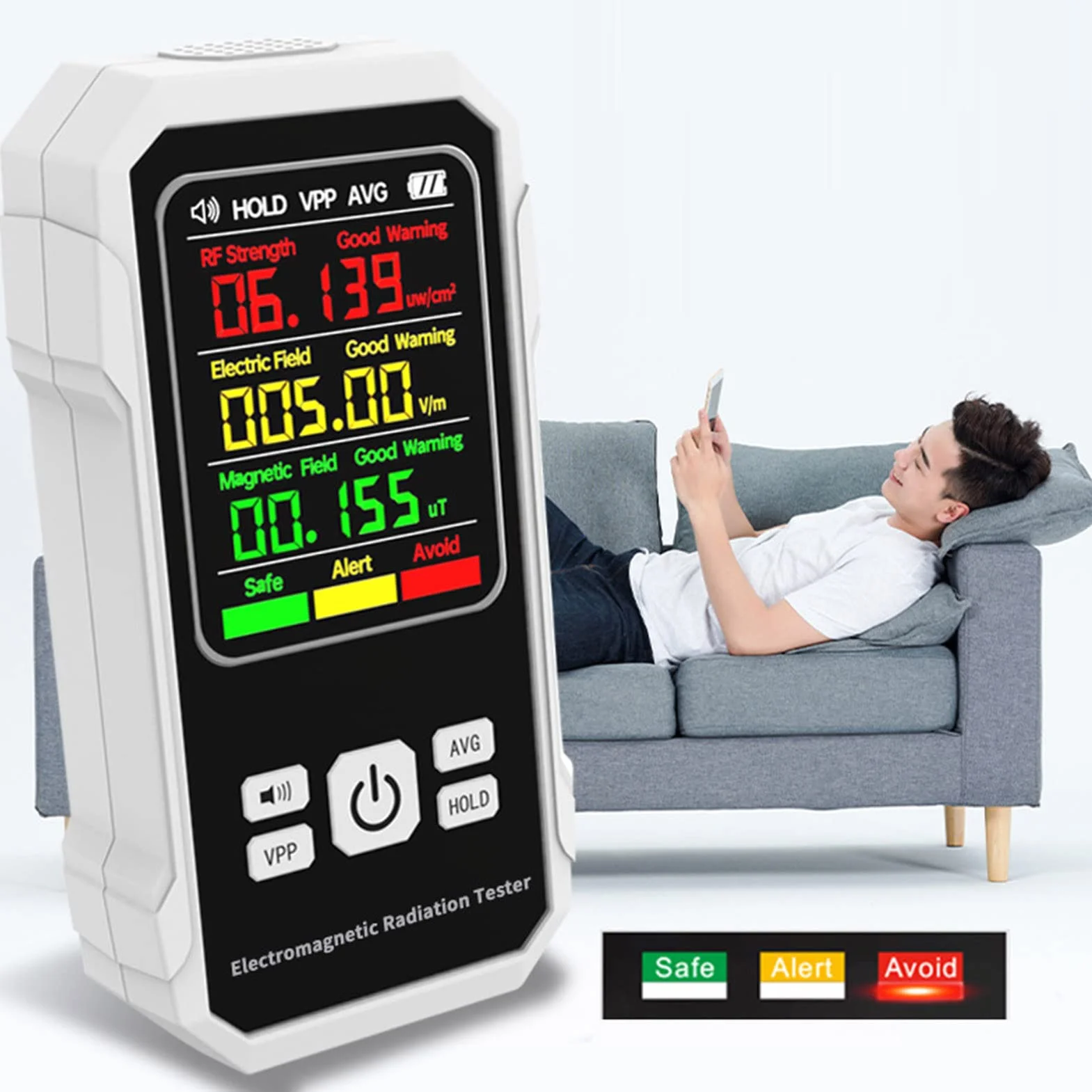 Ręczny Detektor Promieniowania, Cyfrowy Licznik Geigera Monitor Promieniowania RF Tester Promieniowania Elektromagnetycznego Ręczny Miernik Promieniowania dla Domu, Biura, Fabryki (Biały)
