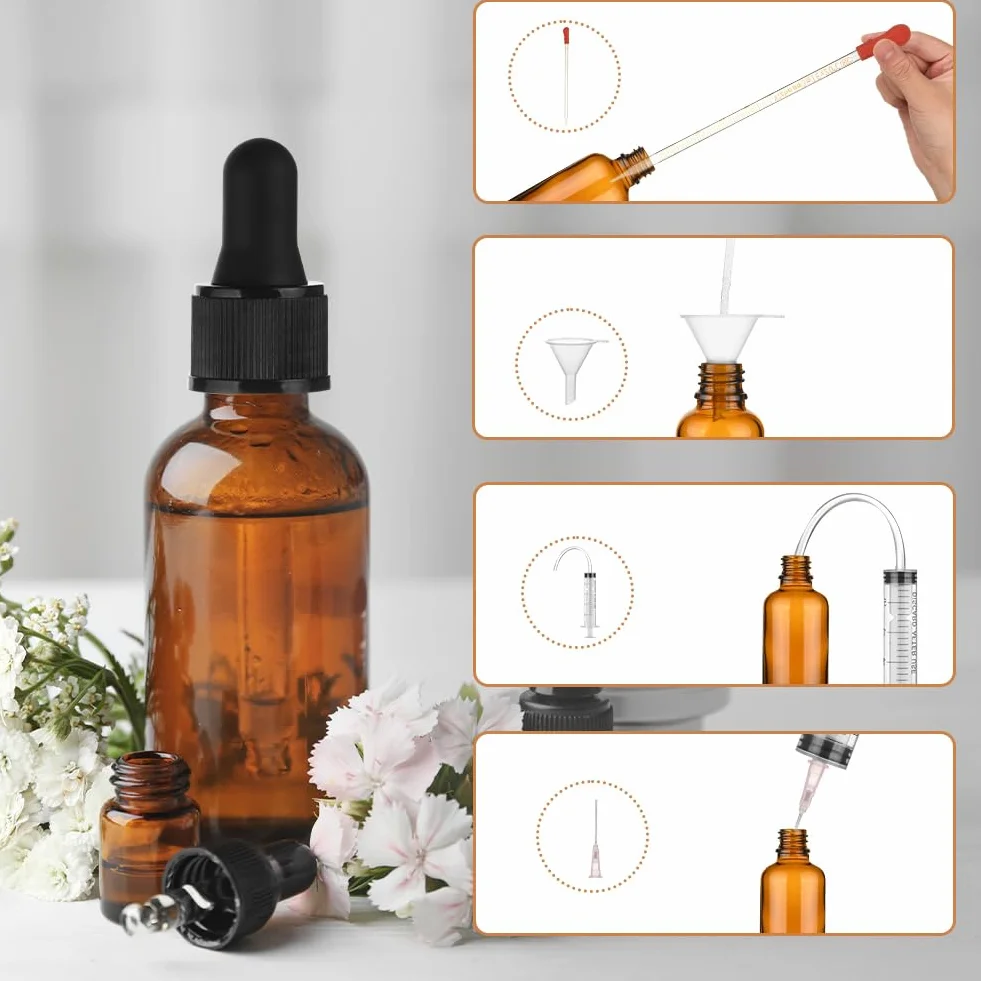 Butelka szklana bursztynowa 50 ml z kroplomierzem pipetą lejkiem 6 szt.