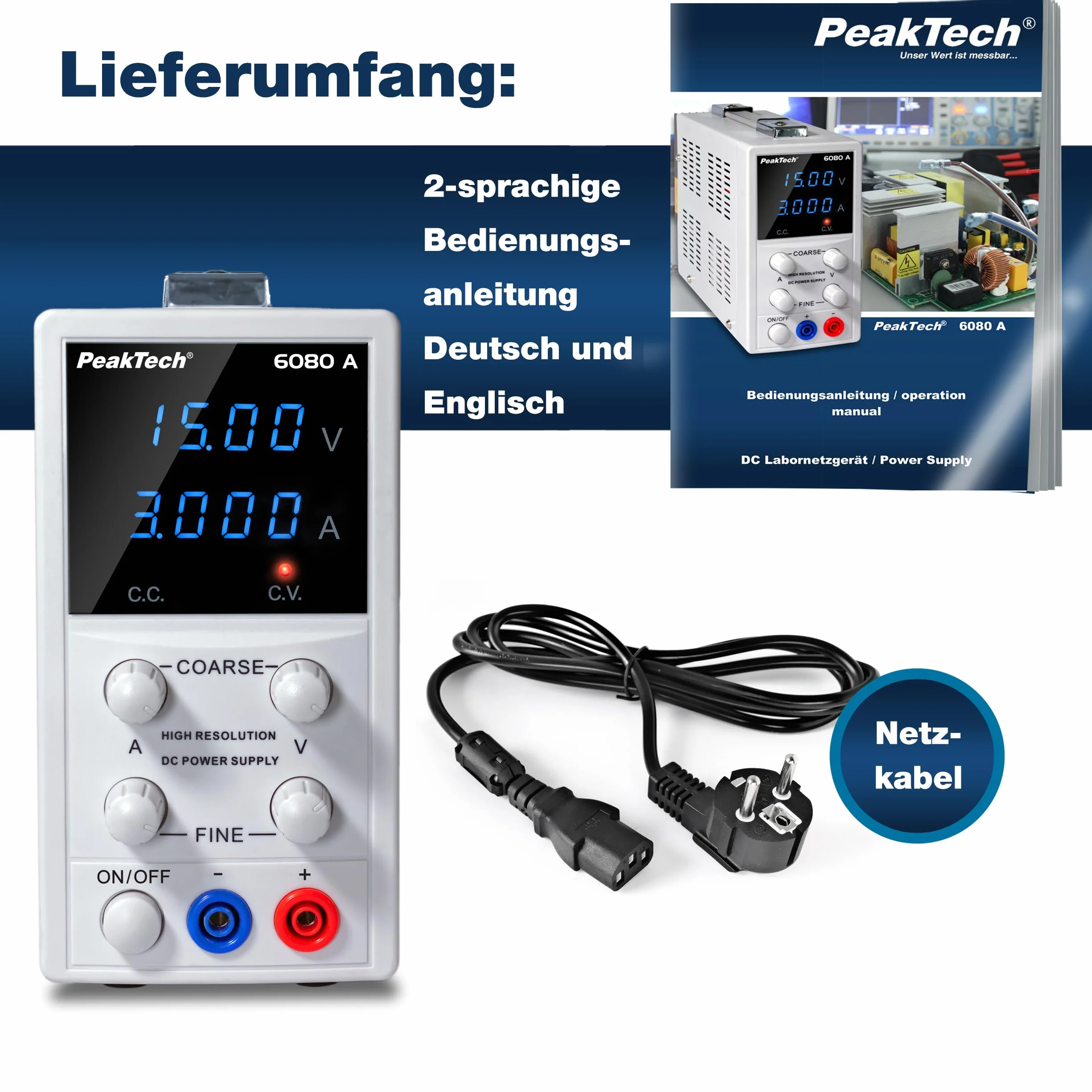 PeakTech P 6080 A - Liniowy zasilacz laboratoryjny DC, 0-15 V/ 0-3 A, z wyświetlaczem LED