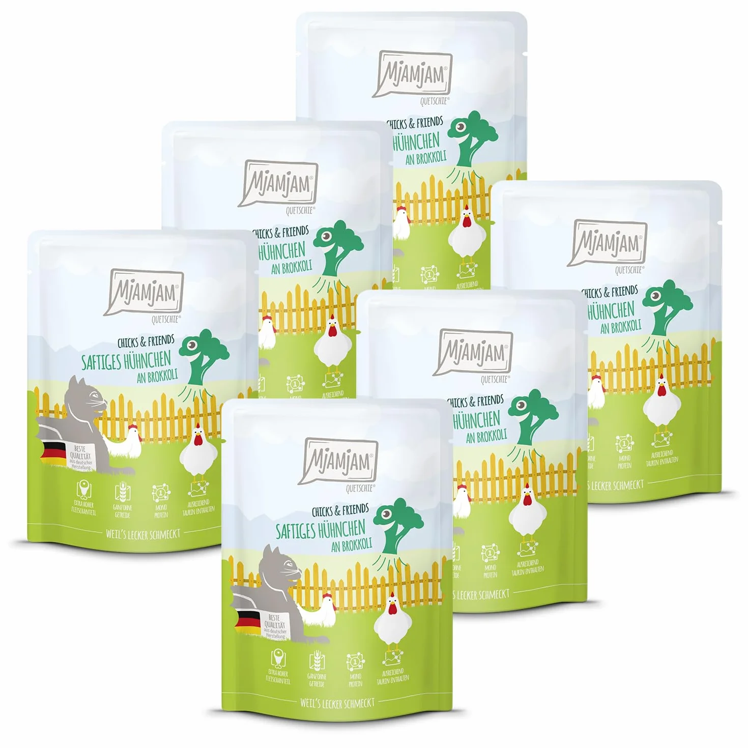 MjAMjAM - Karma mokra premium dla kotów - Quetschie - Chicks & Friends soczysty kurczak z brokułami, 6 opakowań (6 x 300g), bezzbożowa