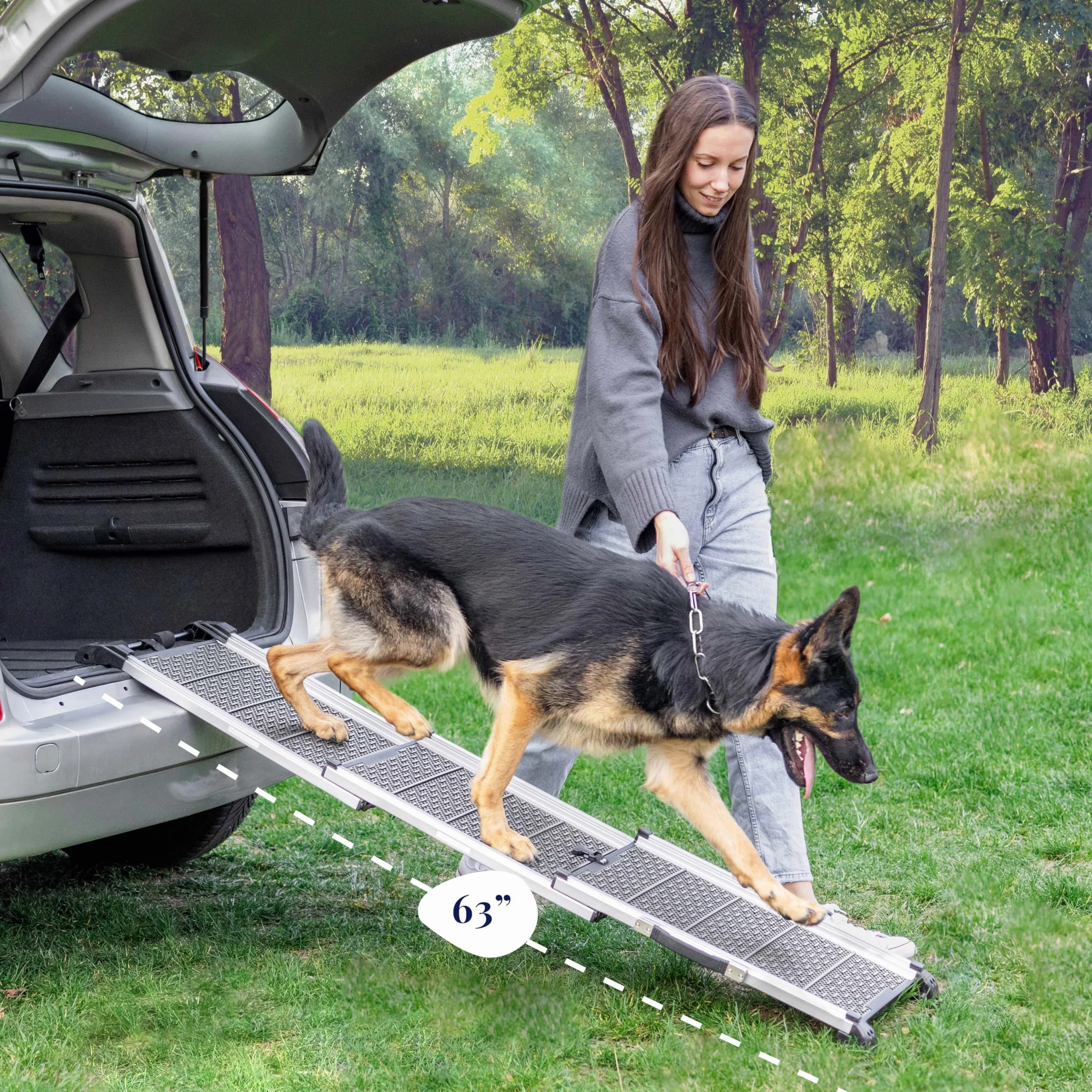 Samochodowa rampa dla psów, składana, teleskopowa, aluminiowa rampa dla dużych psów, stabilne schody dla psów do samochodu i SUV-a, antypoślizgowe, odblaskowe boki, obciążenie 90 kg, klips mocujący