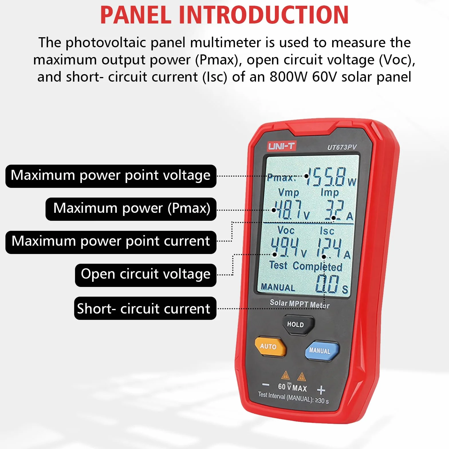 UT673PV tester paneli słonecznych 800 W multimetr fotowoltaiczny z wyświetlaczem LCD MPPT