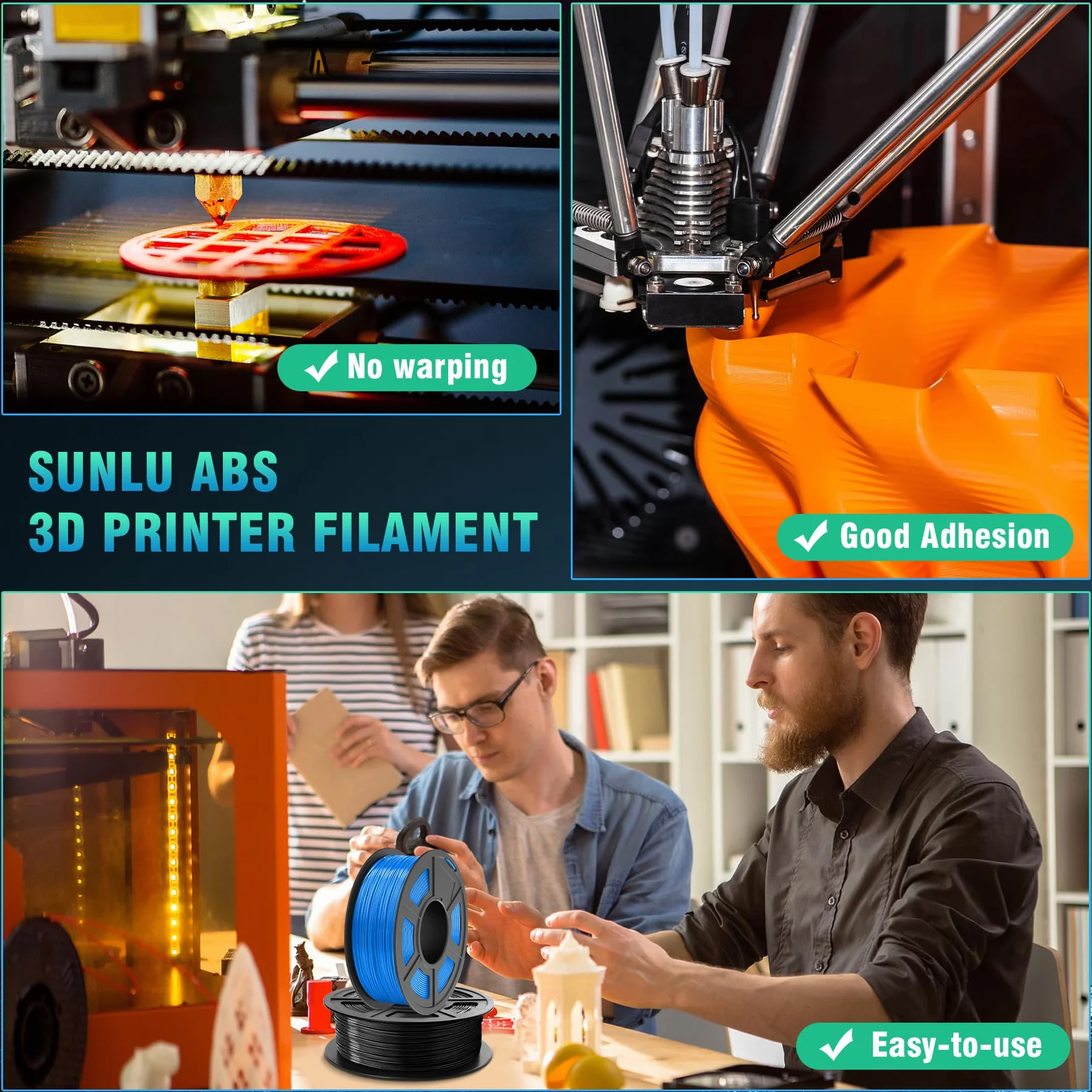 SUNLU ABS Filament 1.75mm Pakiet, Filament do drukarki 3D 1 kg*2, ABS o wysokiej odporności na ciepło 1,75 mm do funkcjonalnego drukowania 3D, 1kg na Szpulę, 2 Rolki, Czarny+Czarny