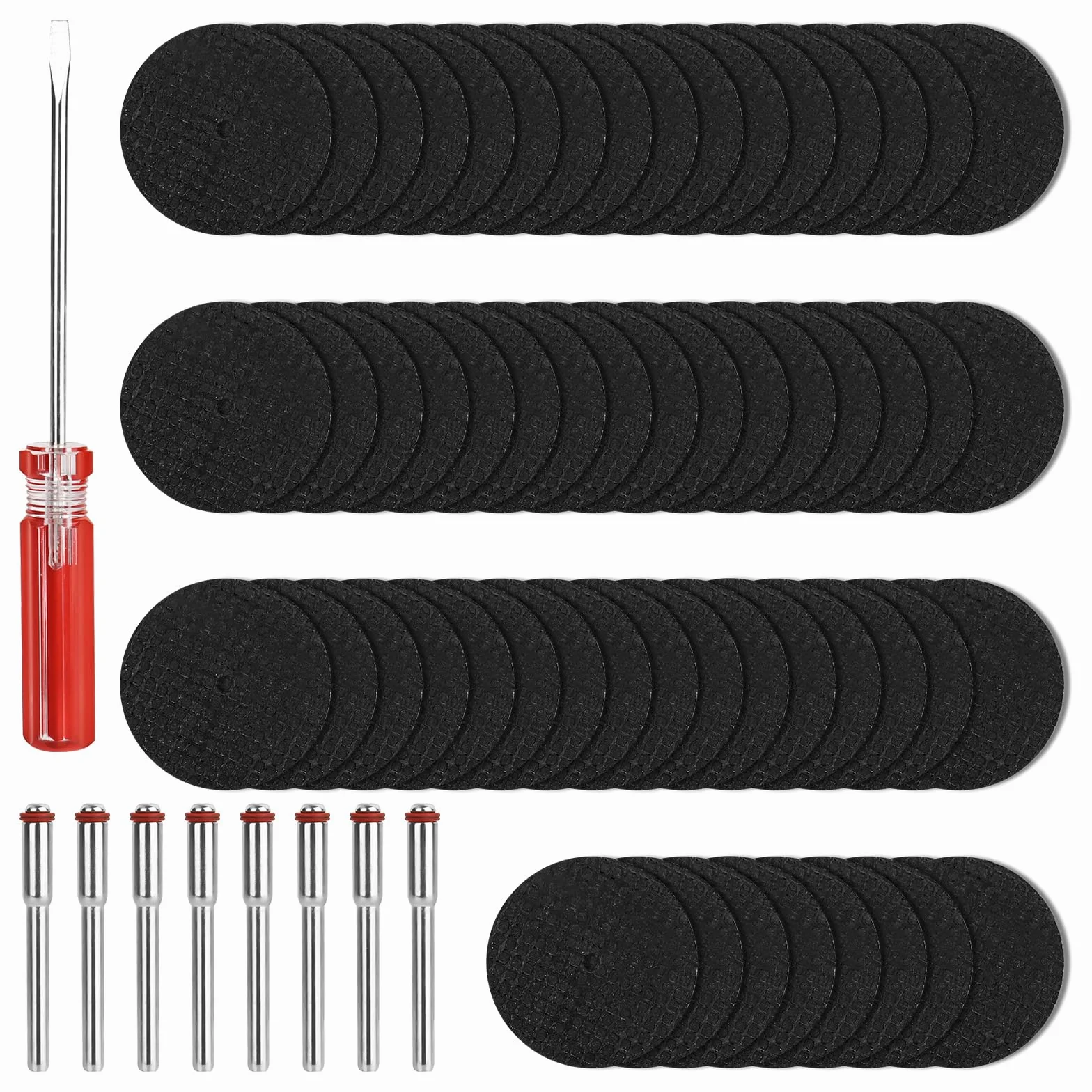60 sztuk tarcz do cięcia kompatybilnych z Dremel, mini metalowe tarcze tnące z 8 sztukami trzpienia 3 mm i 1 śrubokrętem, akcesoria do narzędzi obrotowych, koła tnące