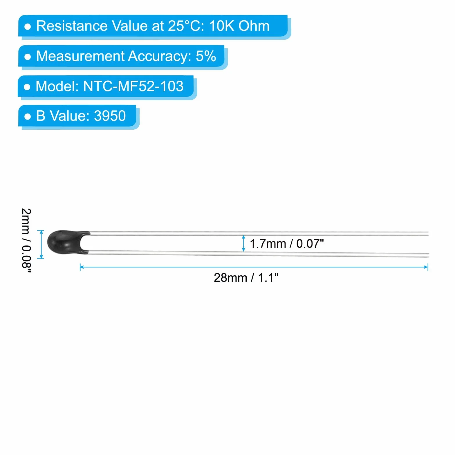 PATIKIL NTC Termistances Resistance 20 szt. 10K Ohm MF52-103 5% dokładności o wysokiej czułości Czujnik temperatury do pomiaru temperatury czarny