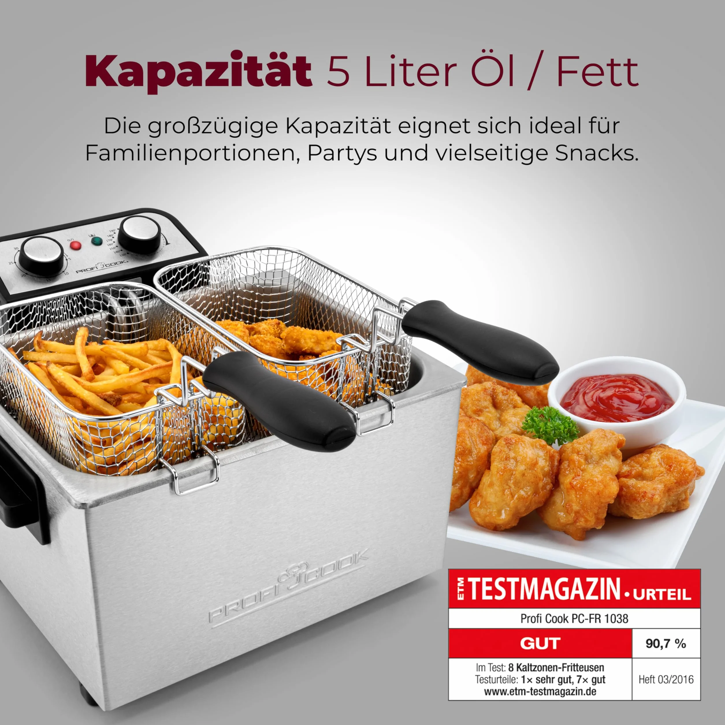 Profi Cook FR1038 Frytkownica, Stal Nierdzewna, 3000 W, 5 L, Srebrny/Czarny