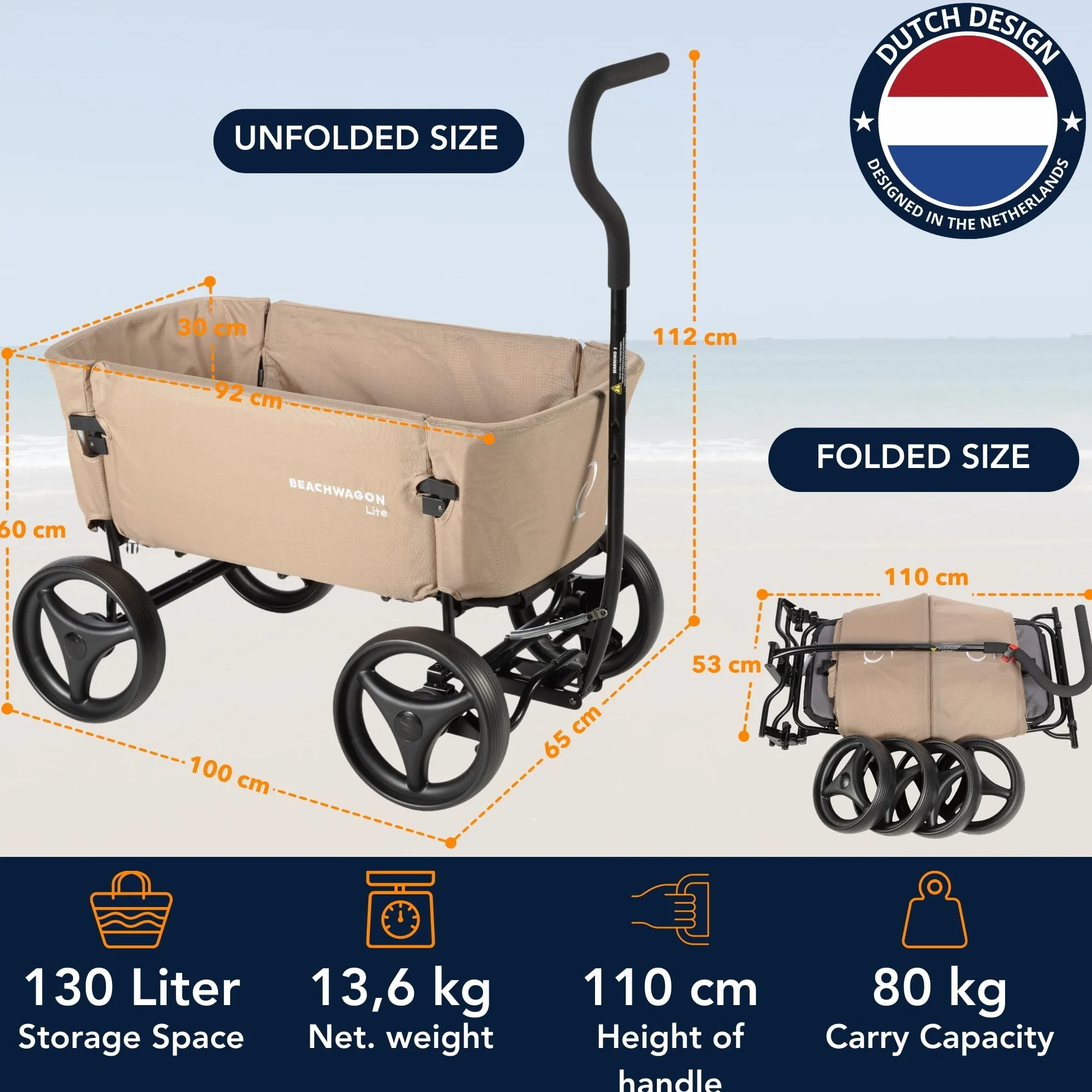 Beach Wagon Wózek składany LITE piaskowo-brązowy – nośność 80 kg – wózek ręczny, wózek plażowy dla dzieci, zwierząt domowych, bagaż, wózek plażowy z nadającym się do prania materiałem, 118 x 65 x 110