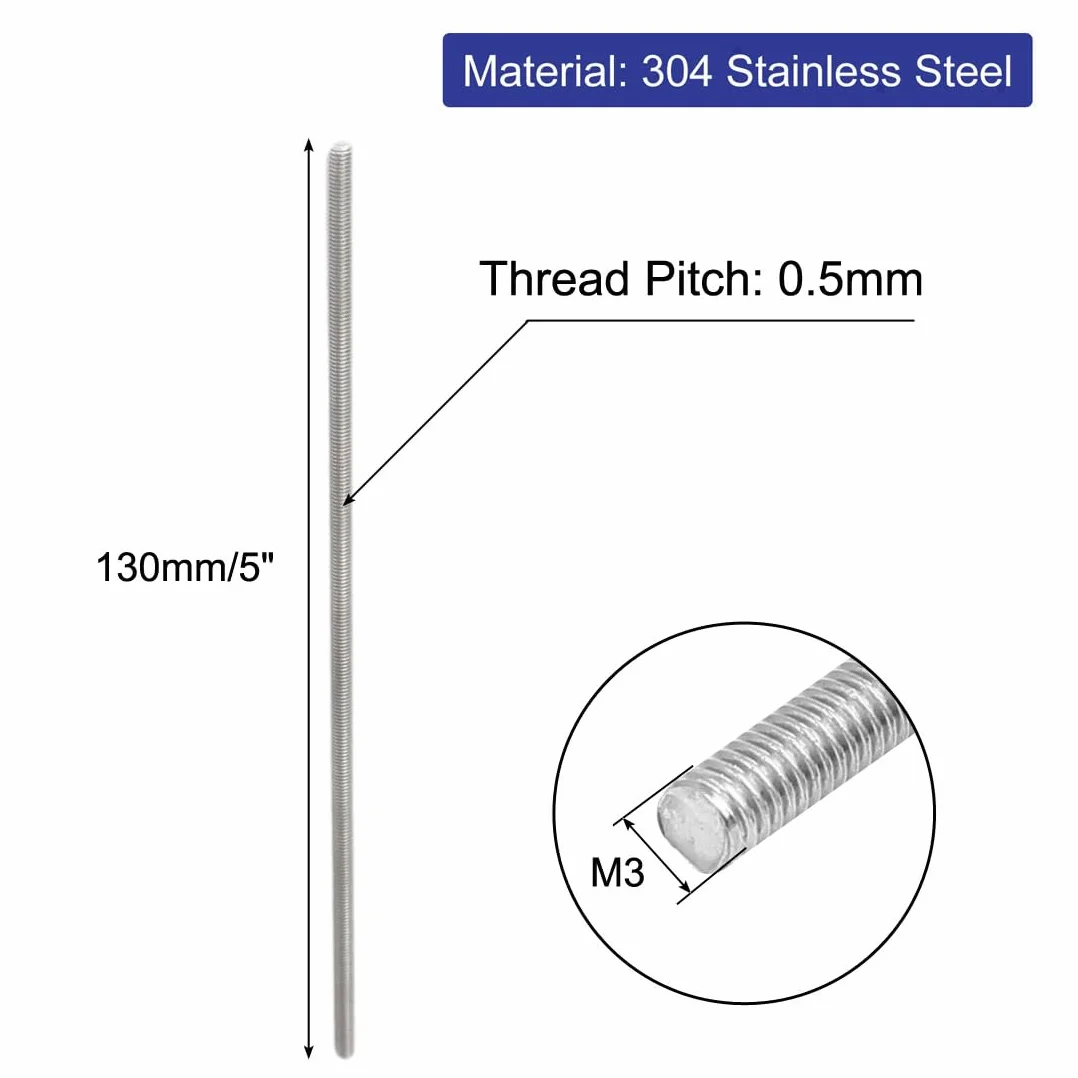 sourcing map 10 szt. stal szlachetna 304 pełny pręt gwintowany Hardware M3 x 130 mm 0,5 mm gwint de