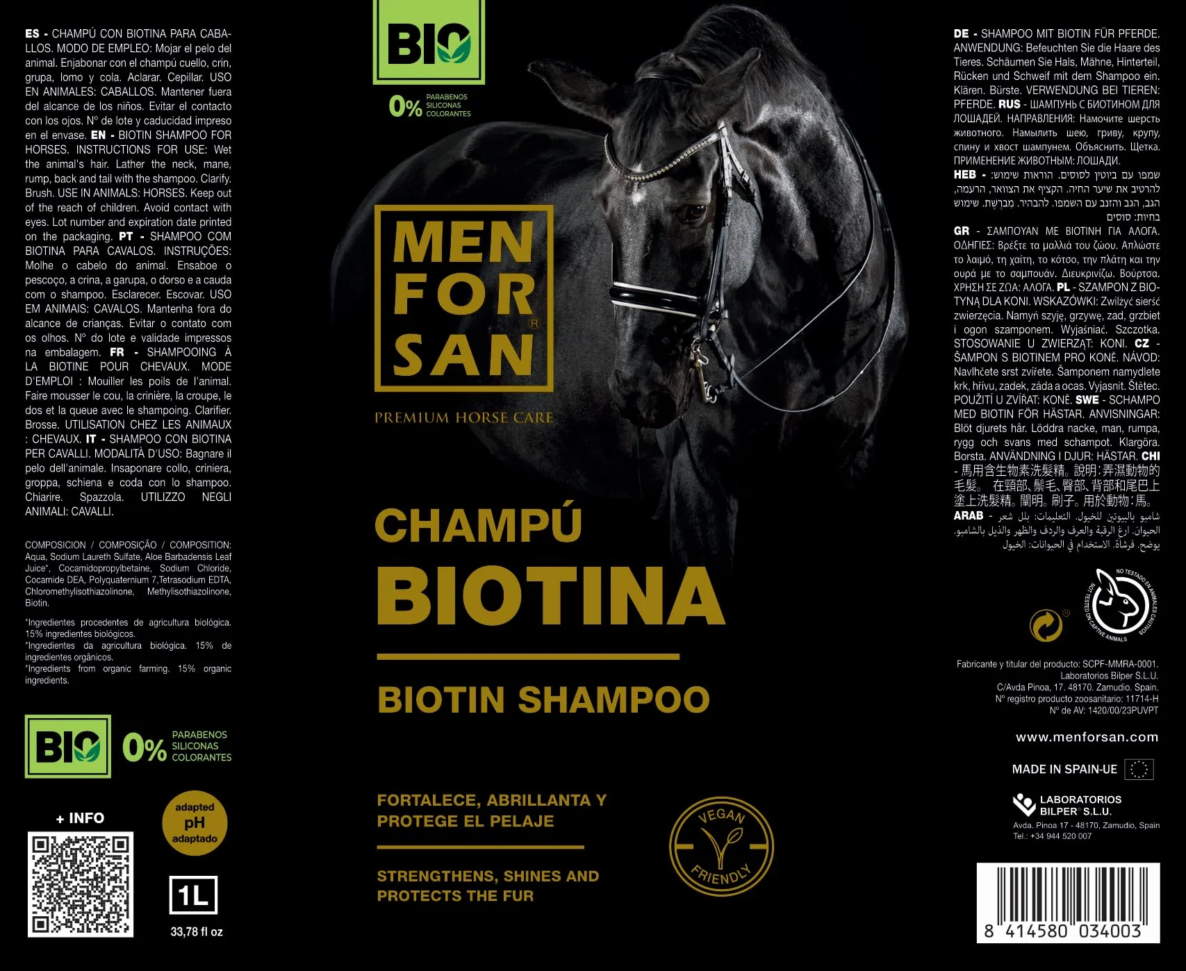 MENFORSAN Biotyna Szampon dla Koni, 1L | Bio - Wegańskie - 100% Naturalne | Pielęgnacja koni premium