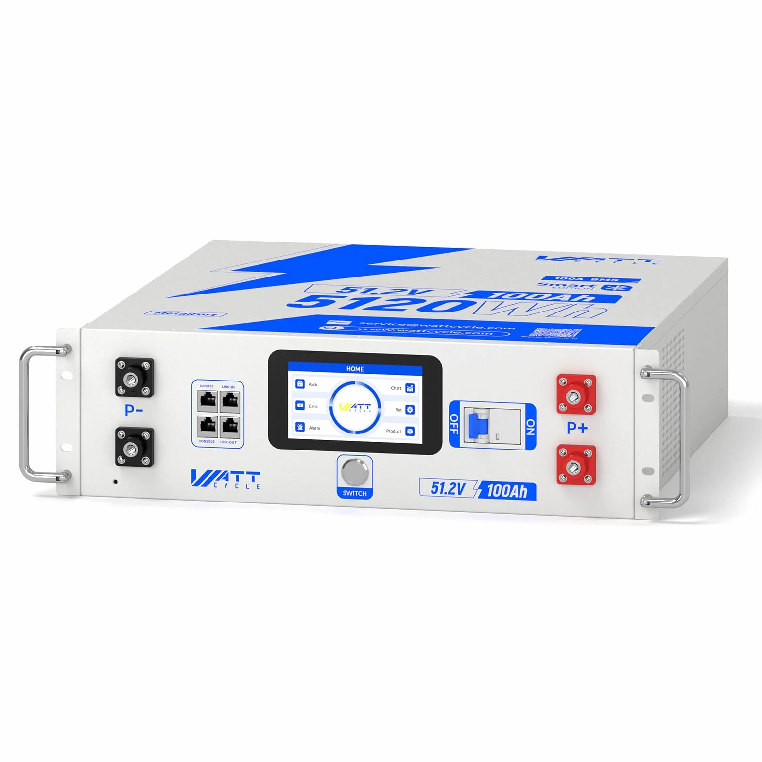 Akumulator litowo-żelazowo-fosforanowy WattCycle 48 V 100 Ah V2, 5,12 kWh, akumulator litowo-żelazowo-fosforanowy z aktywnym balanserem 3 A i aplikacją Bluetooth, montaż w szafie 3U do systemów solarn