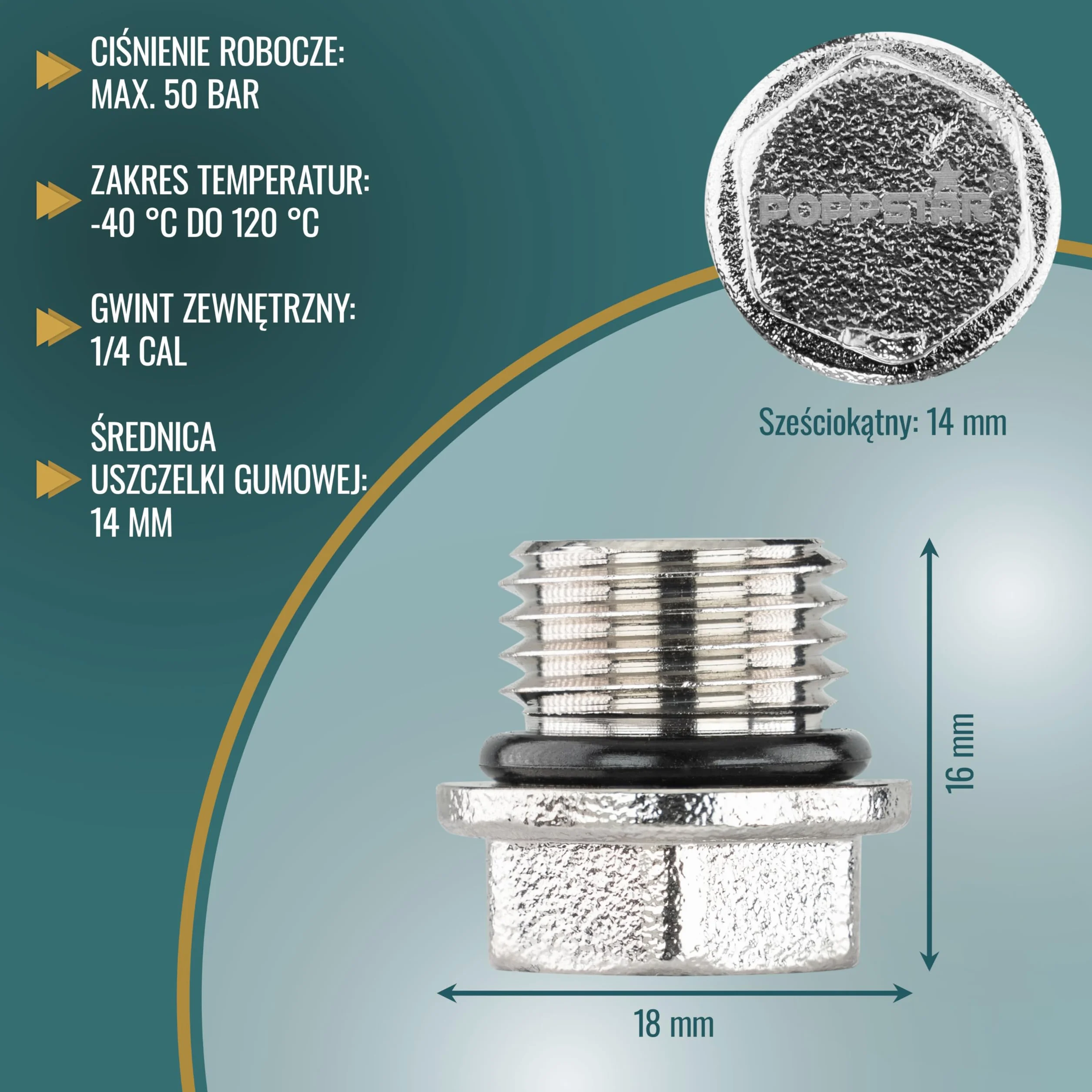 Poppstar Korki mosiężne 1/4" 50bar sześciokątne 14mm z uszczelnieniem 4 sztuki
