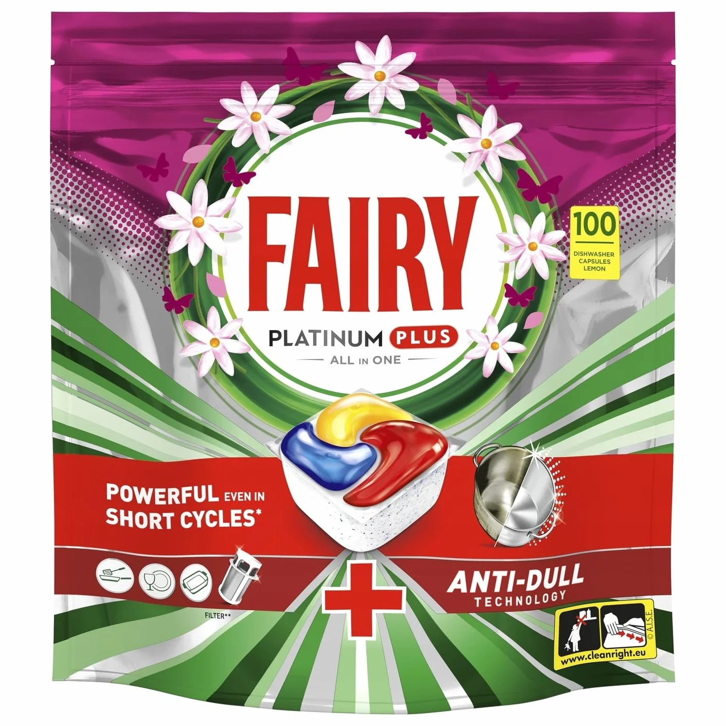 Fairy Platinum Plus, Kapsułki do Zmywarki, All in One, Lemon Seasonals, 100 szt., Formuła z Nabłyszczaczem i Solą Ochronną