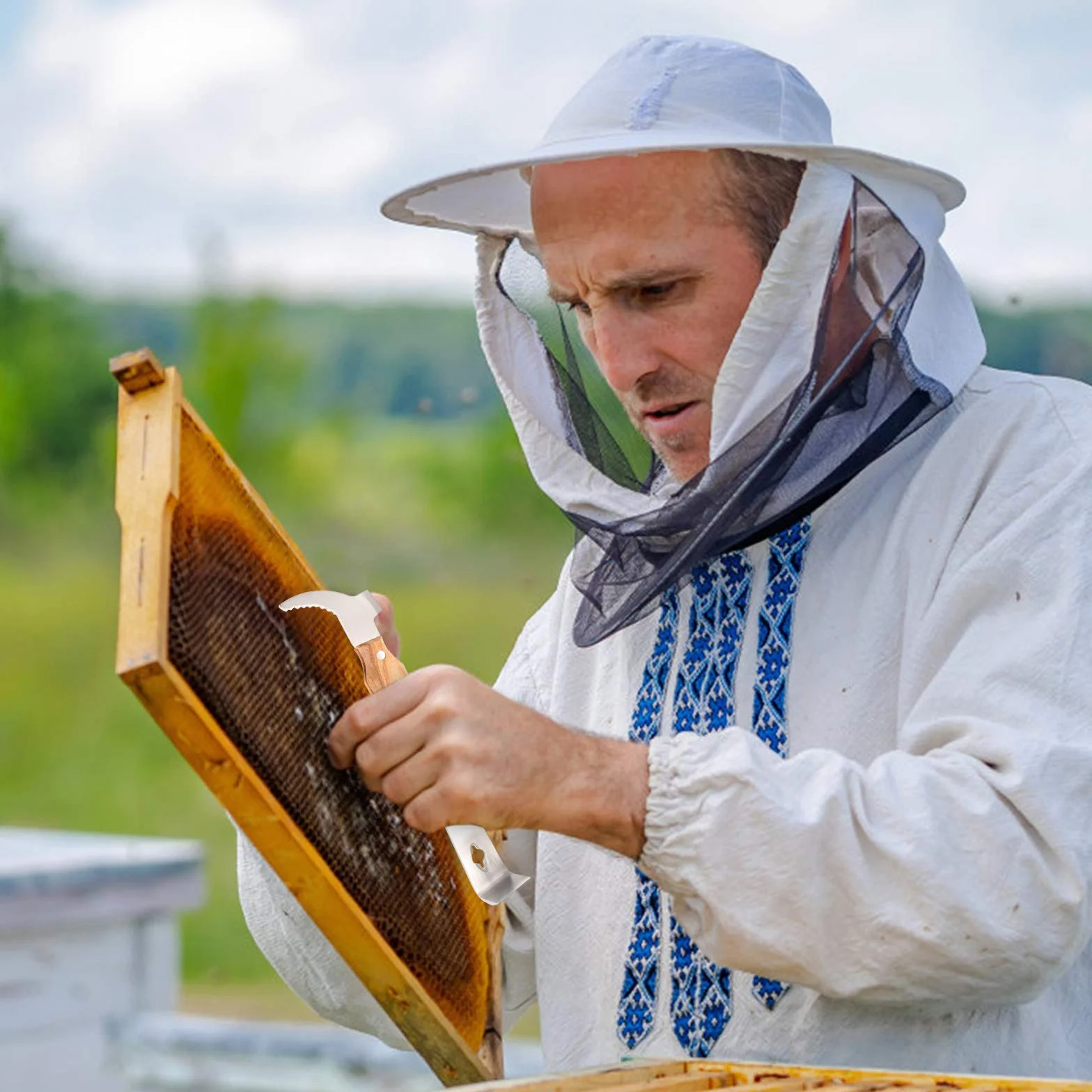 2 sztuki skrobak do pszczelarstwa ze stali nierdzewnej, hak J, narzędzie do pszczelarstwa, dłuto kijkowe, akcesoria pszczelarskie, narzędzia do hodowli pszczół, wyposażenie z drewnianym