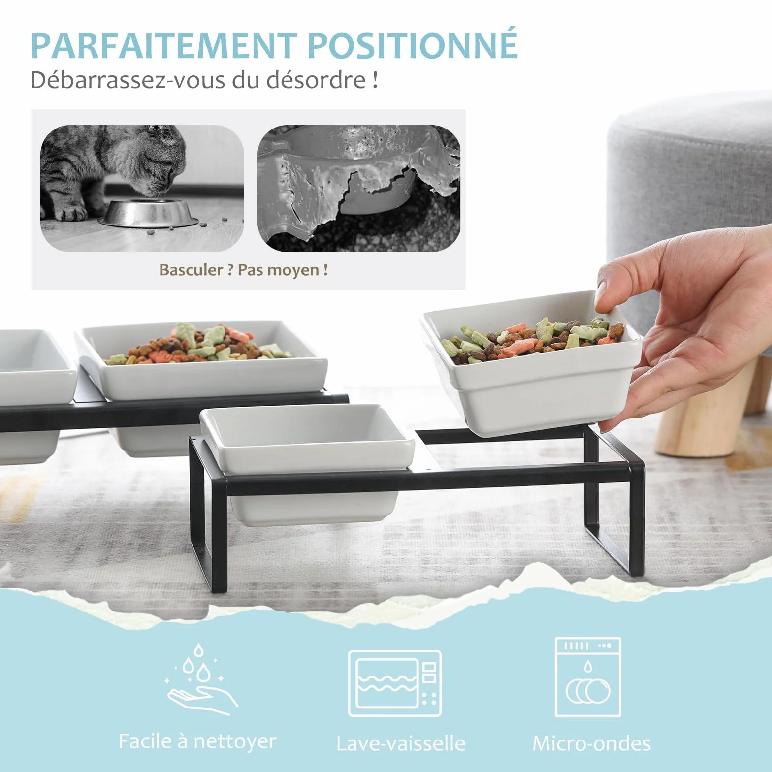 Miska kota z podwyższoną miską kota z kotem - miska dla kota i szczeniaka - podwójne miski ceramiczne przeciw wymiotom i łatwe do czyszczenia 2×280 ml