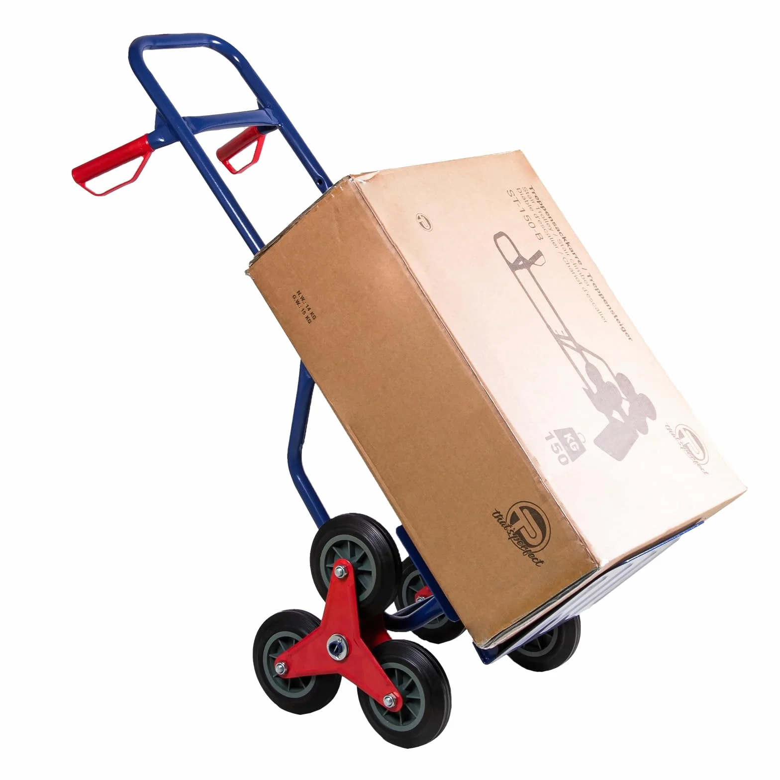 Wózek transportowy do podnoszenia schodów, wózek transportowy do 150 kg, składany, 3-rzędowe koła gwiazdowe z twardej gumy, rama z rur stalowych