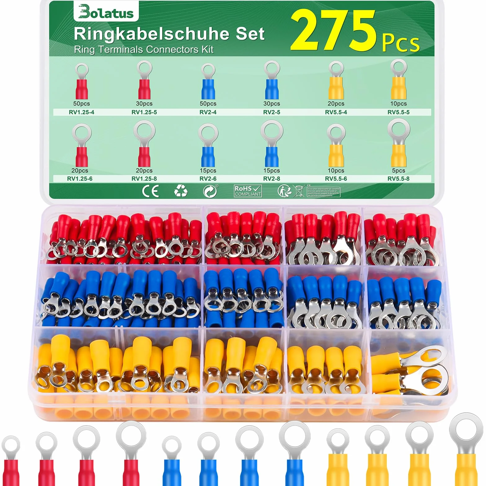 Bolatus 275 sztuk końcówek kablowych 0,5-6 mm², M4/M5/M6/M8, 12 rozmiarów, izolowane złączki zaciskowe