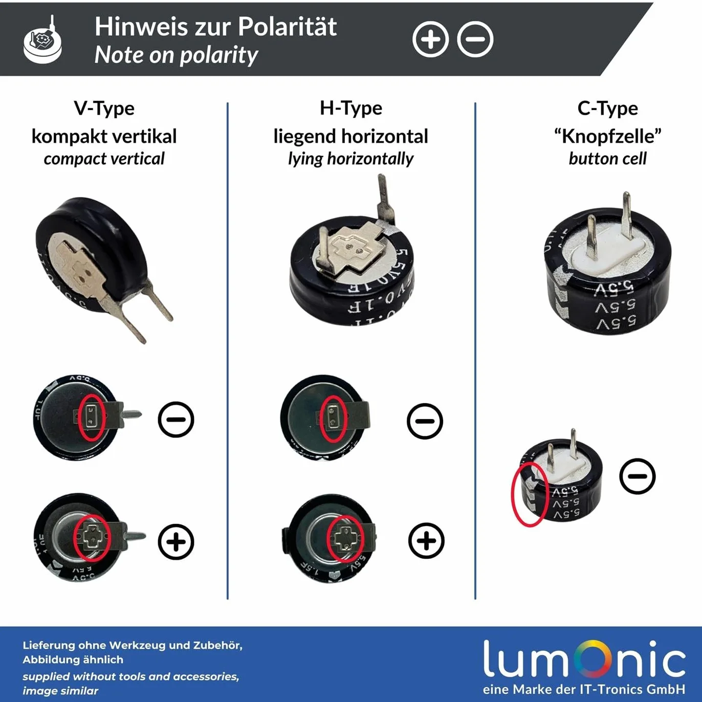 Lumonic Supercap 0,33F 5,5V C-Type | Bezposrednie zastosowanie EDLC, wysoka wydajnosc | Monoblok 5,5 V - bez koniecznosci równowazenia | Ochrona przed migotaniem, kopia zapasowa, PLC, ogrzewanie