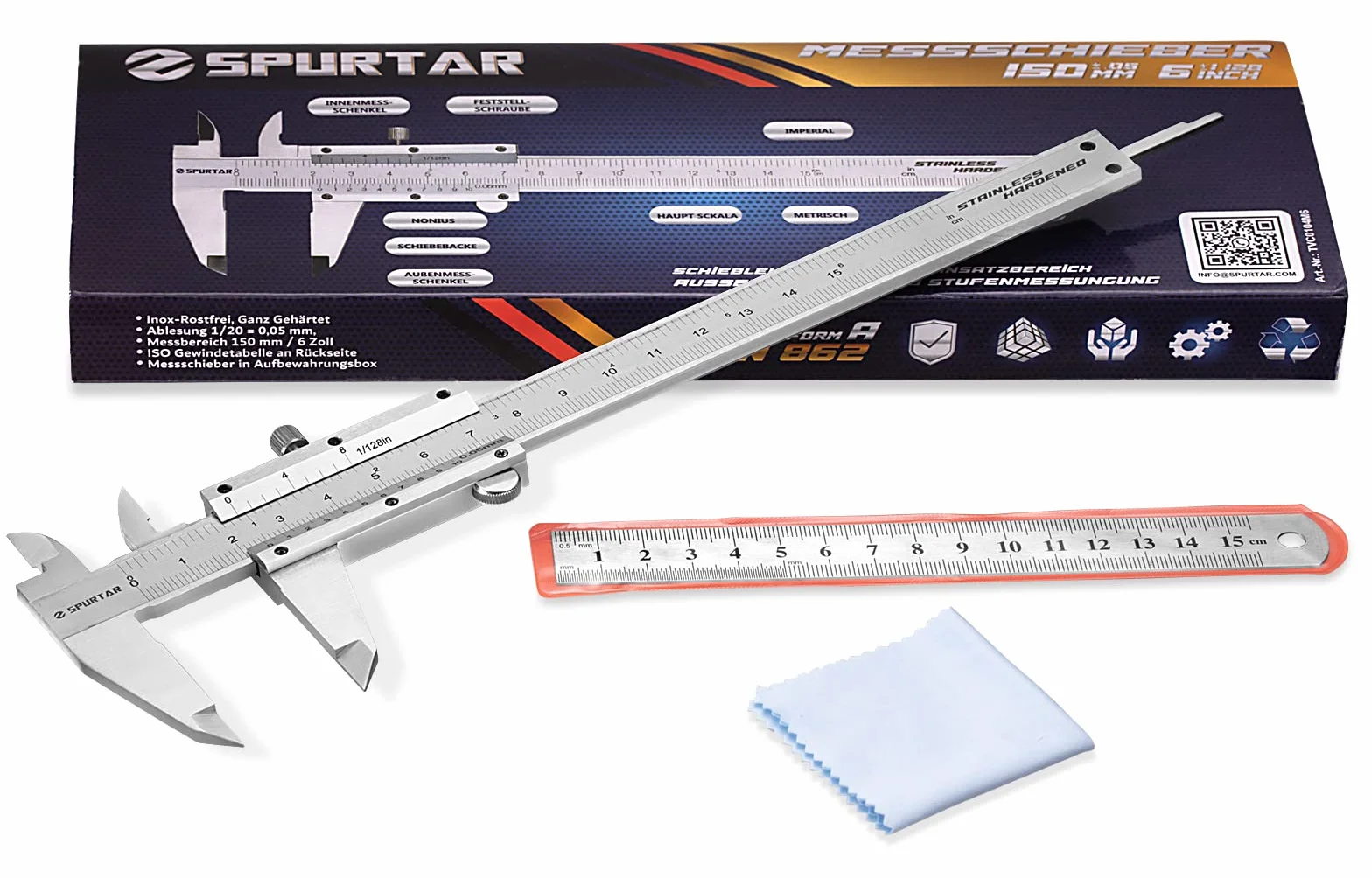 Spurtar Suwmiarka noniuszowa ze stali nierdzewnej 150 mm, wysoka precyzja suwmiarki tolerancja narzędzia pomiarowego 0,05 mm 1/128 cala do pomiaru głębokości średnicy - odczyt bez odblasków