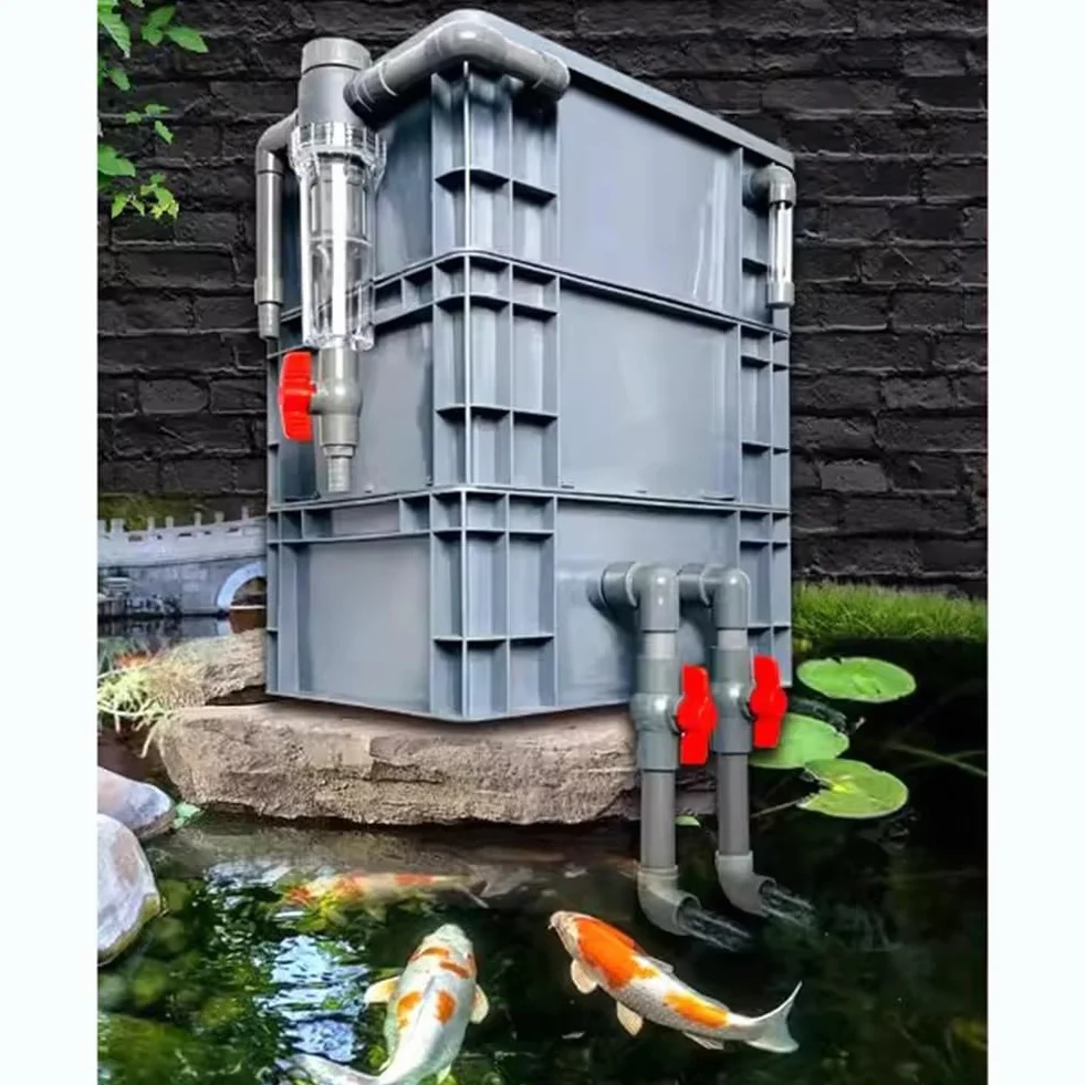Skrzynka filtrująca, filtr do akwarium, duży zestaw filtrów do akwarium – zewnętrzny wielostopniowy system filtracji do zbiorników rybnych i stawów, dotlenienie w zestawie, bez pompy ani