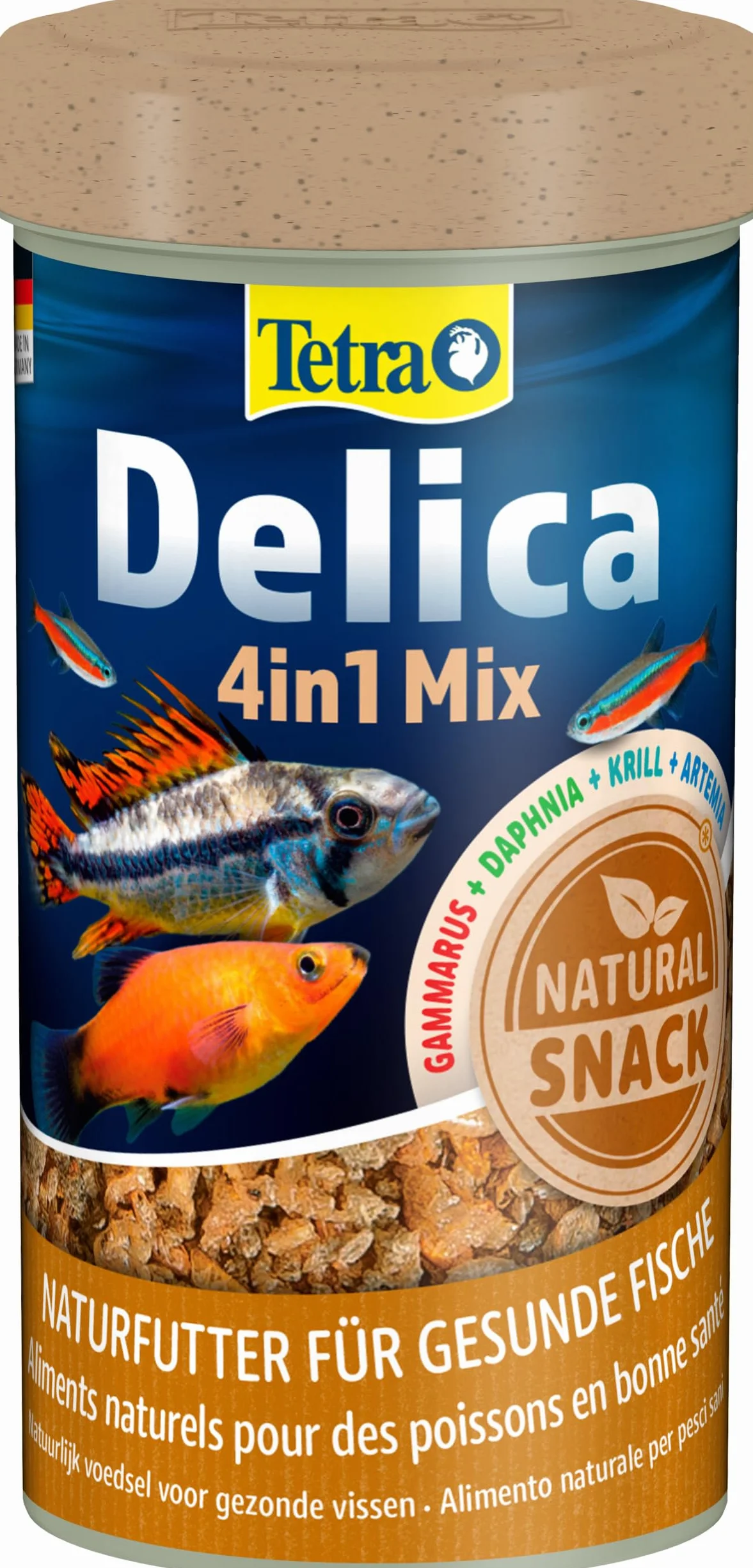 Tetra Delica Mix naturalna karma – mieszanka z 4 różnymi zwierzętami karmiącymi (flet wodny, artemia, krill, gammarus), naturalne przekąski dla ryb ozdobnych, puszka 250 ml