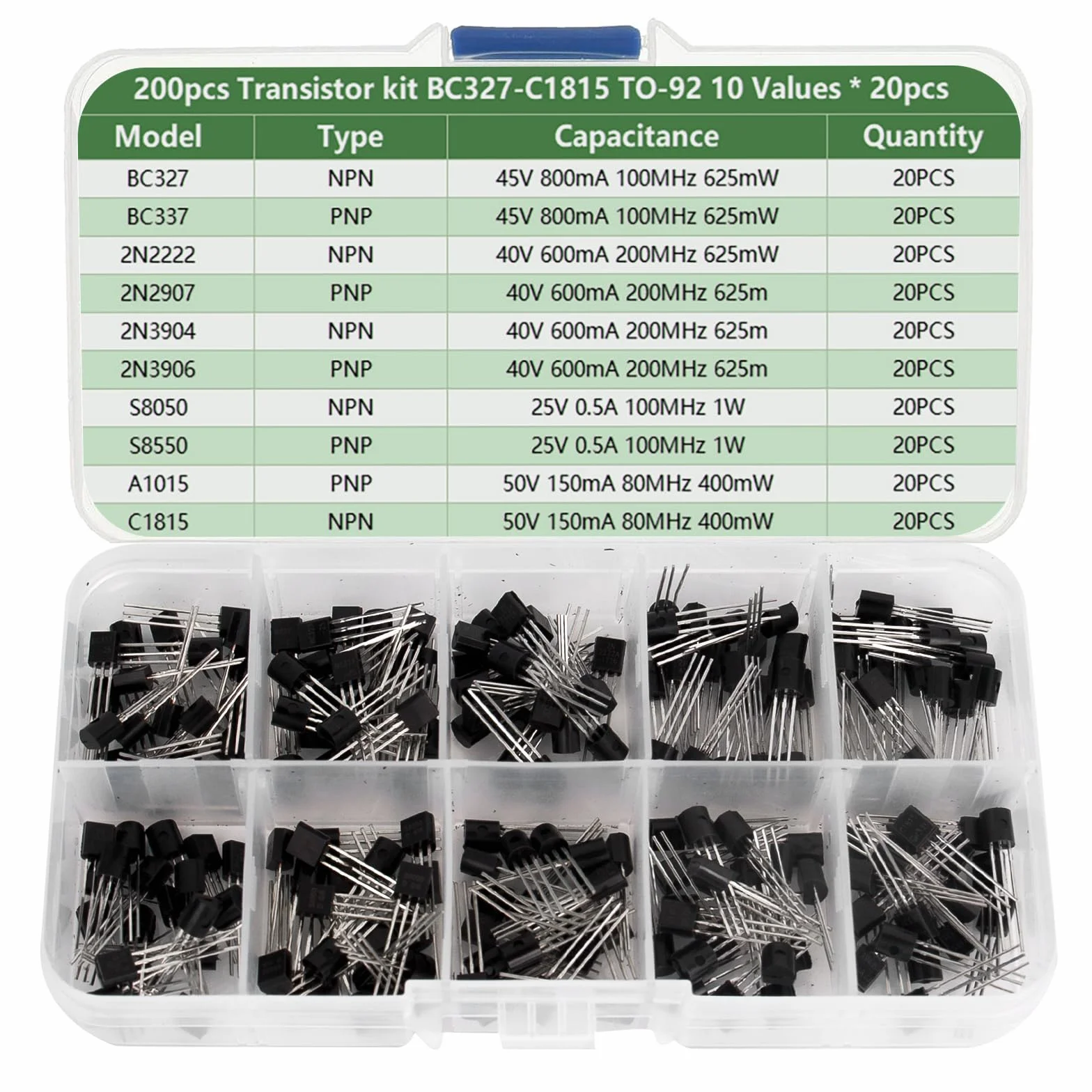 Zestaw tranzystorów NPN PNP (BC327 BC337 2N2222 2N2907 2N3904 2N3906 S8050 S8550 A1015 C1815)
