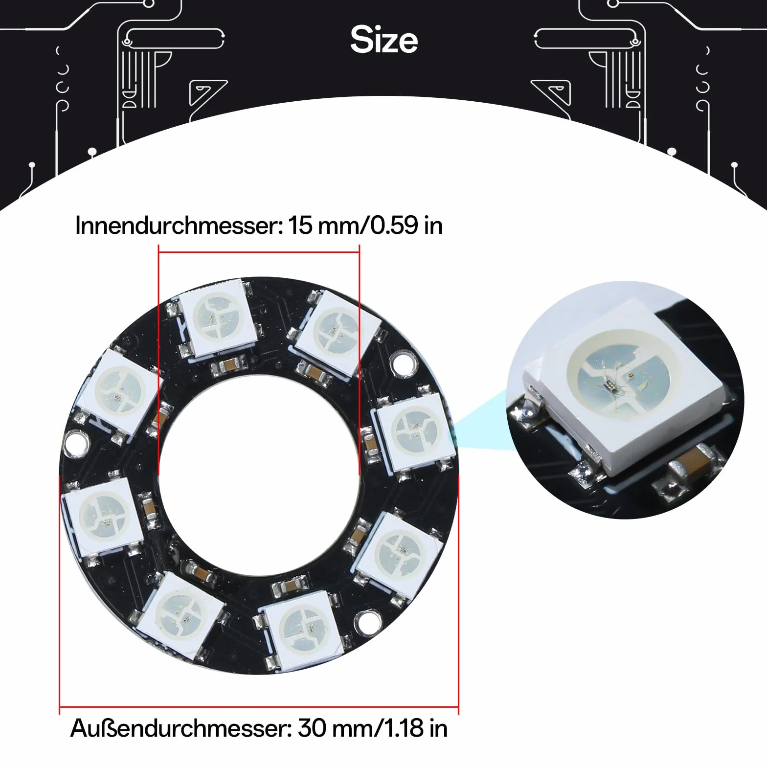 CUQI WS2812 RGB LED pierścień 8-bitowy 50 mm do Arduino Raspberry Pi czarny 3 szt.