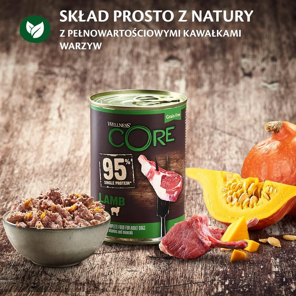 Wellness CORE 95% Jagnięcina i Dynia, 6 x 400 g, mokra karma dla psów wszystkich ras, pasztet typu Chunky, bezzbożowa, wysoka zawartość mięsa, bogata w białko, ograniczona liczba składników